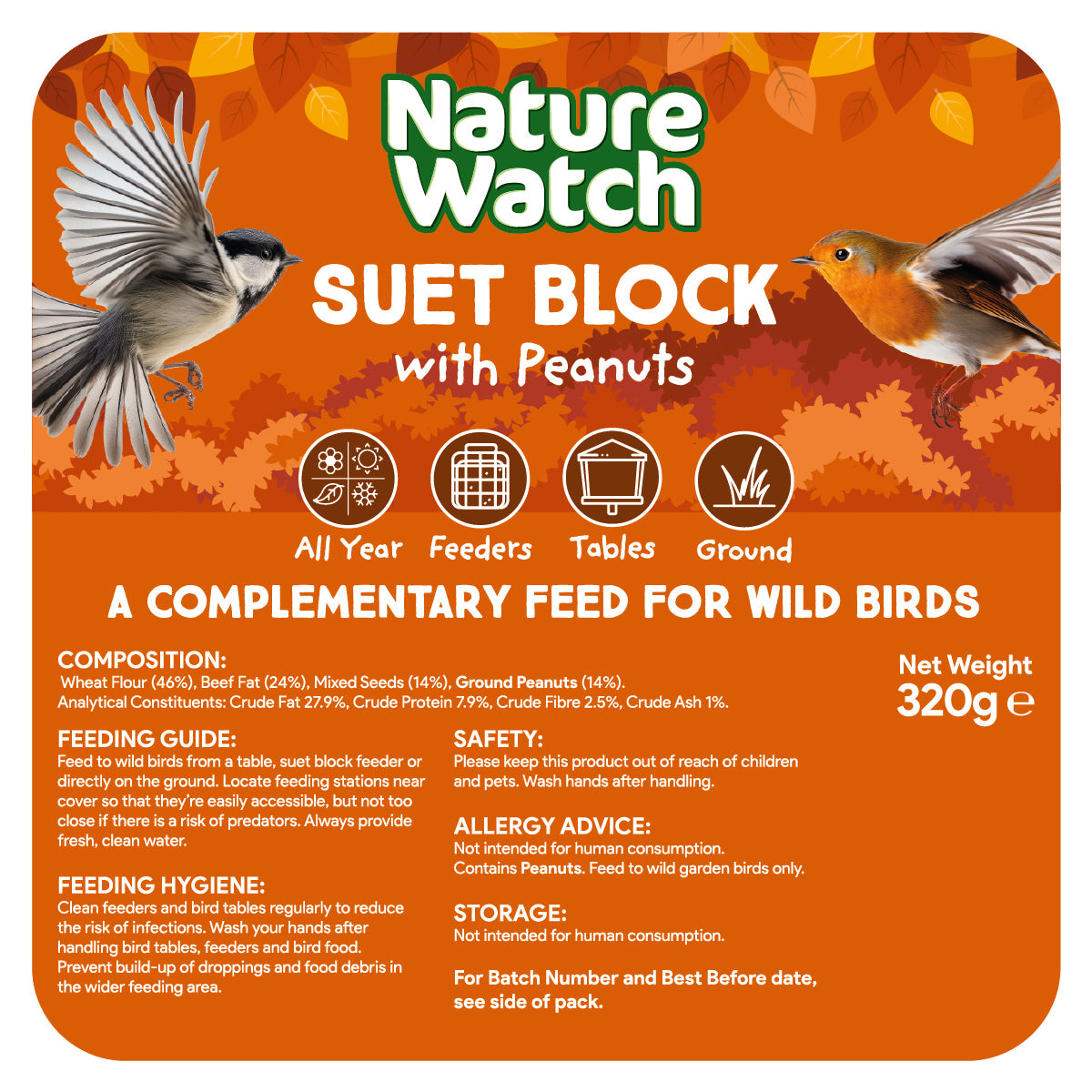 Suet Block Bird Feed With Peanuts By Nature Watch - 320g