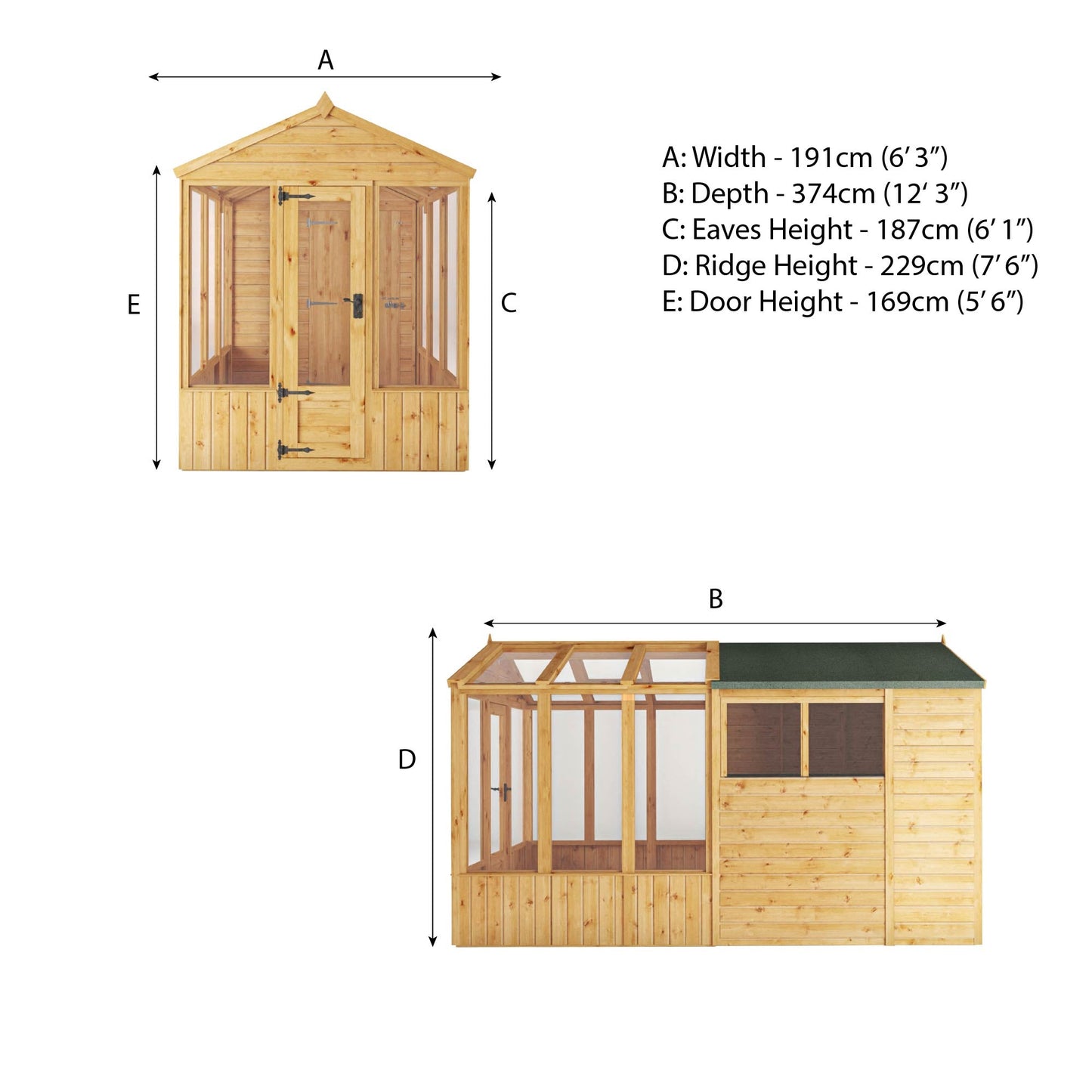Mercia Woodsman 12' 3" x 6' 3" Apex Combi Greenhouse Shed - Premium Dip Treated Shiplap- Styrene Windows