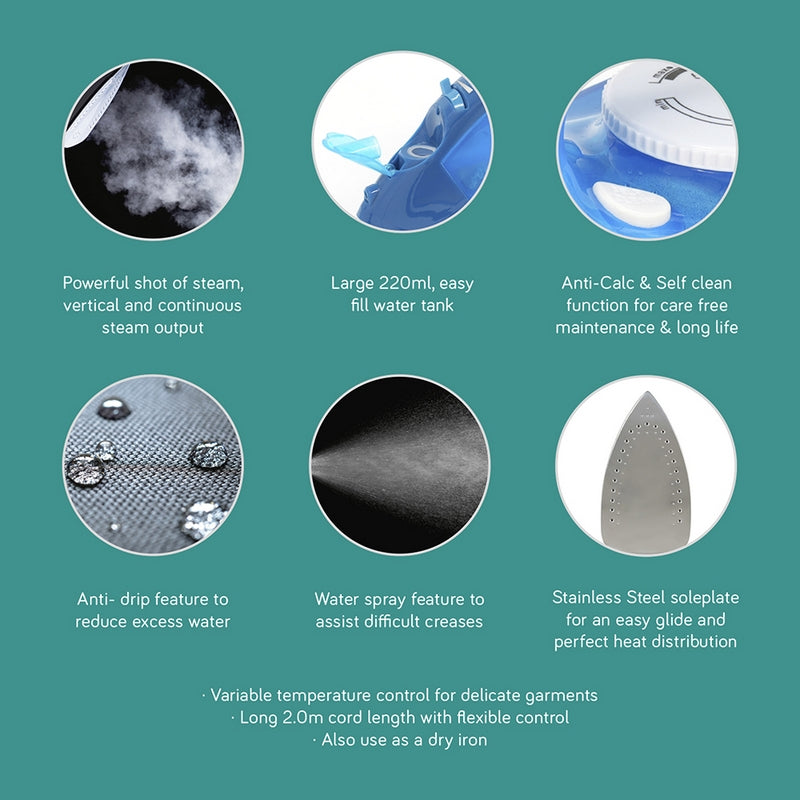 Crest Steam Iron with Stainless Steel Soleplate Blue - 1600W