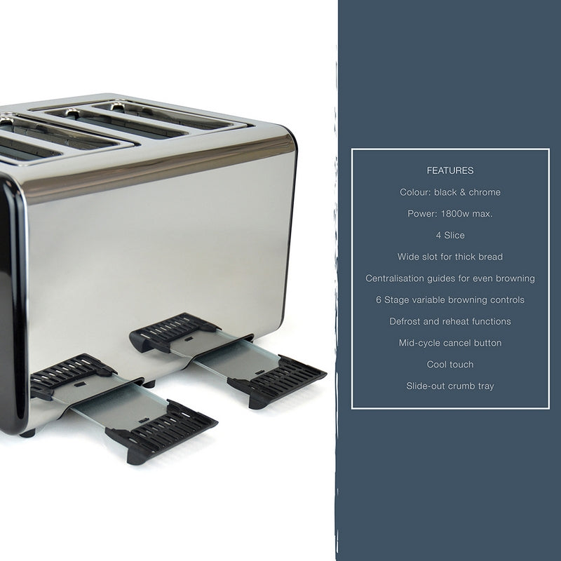 Kitchen Toaster Wide Slot 4 Slice 1800W - Stainless Steel