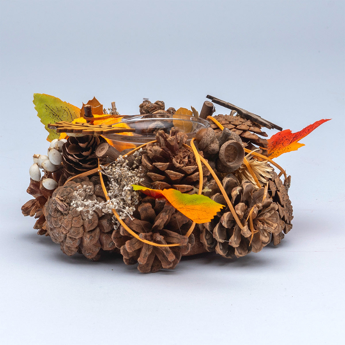 Pinecones And Leaves Candle Holder Halloween Decoration Brown & Orange - 16cm