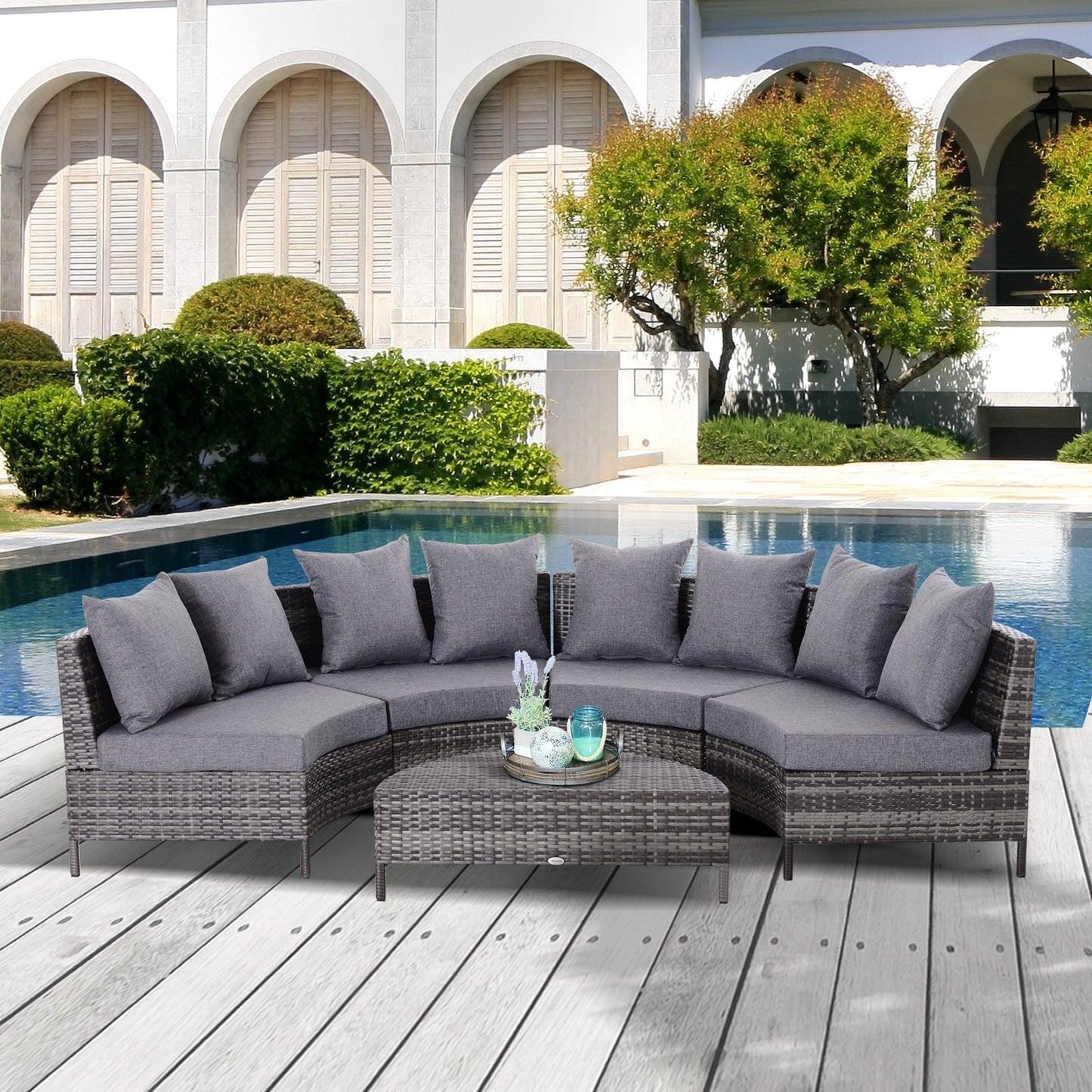 Rattan Garden Furniture 4 Seaters Half-Round Patio Outdoor Sofa & Table Set Wicker Weave Conservatory Cushioned Seat With Pillow - Grey