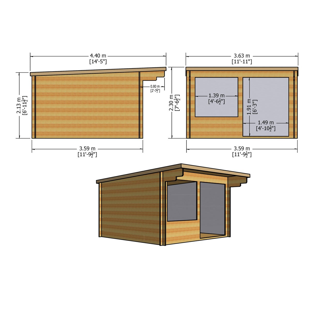 Shire Belgravia 11' 9" x 11' 9" Pent Log Cabin - Premium 44mm Cladding Tongue & Groove