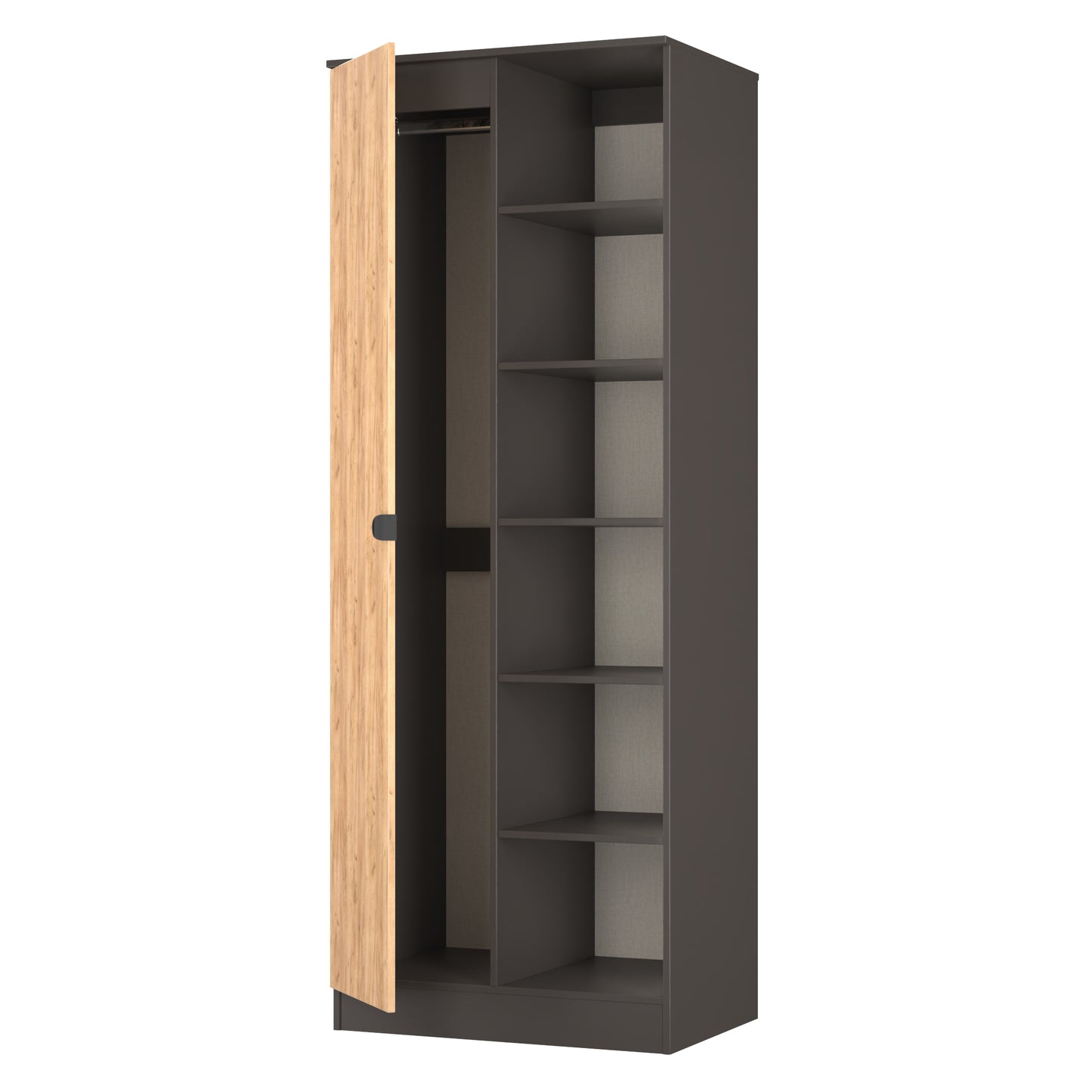 Bora Tall Wardrobe Oak & Dark Grey 2 Doors 6 Shelves 1 Drawer 196cm