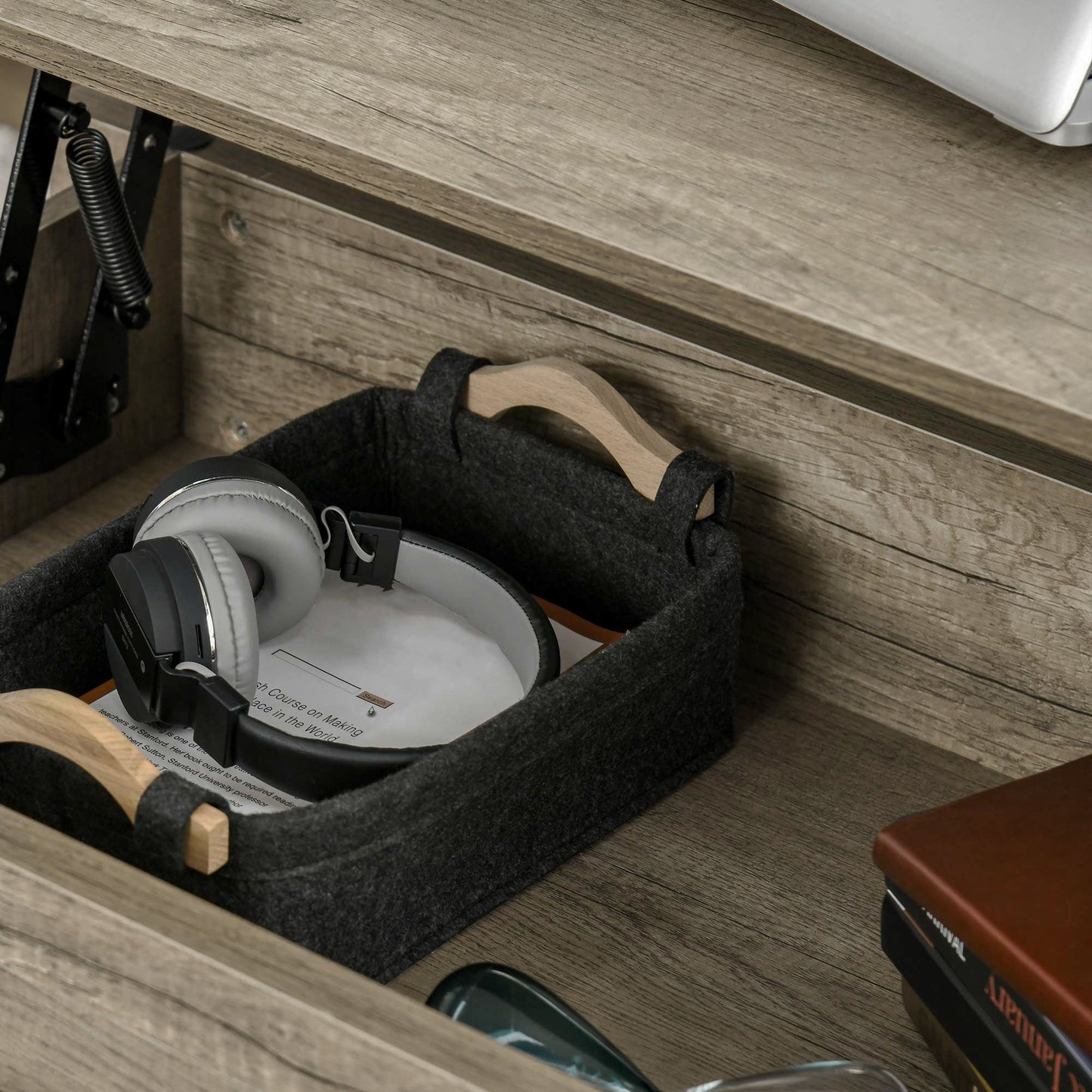 Lift Top Coffee Table w/ Hidden Storage Compartment Open Shelves Lift Tabletop Pop Up Centre Table for Living Room Oak Effect