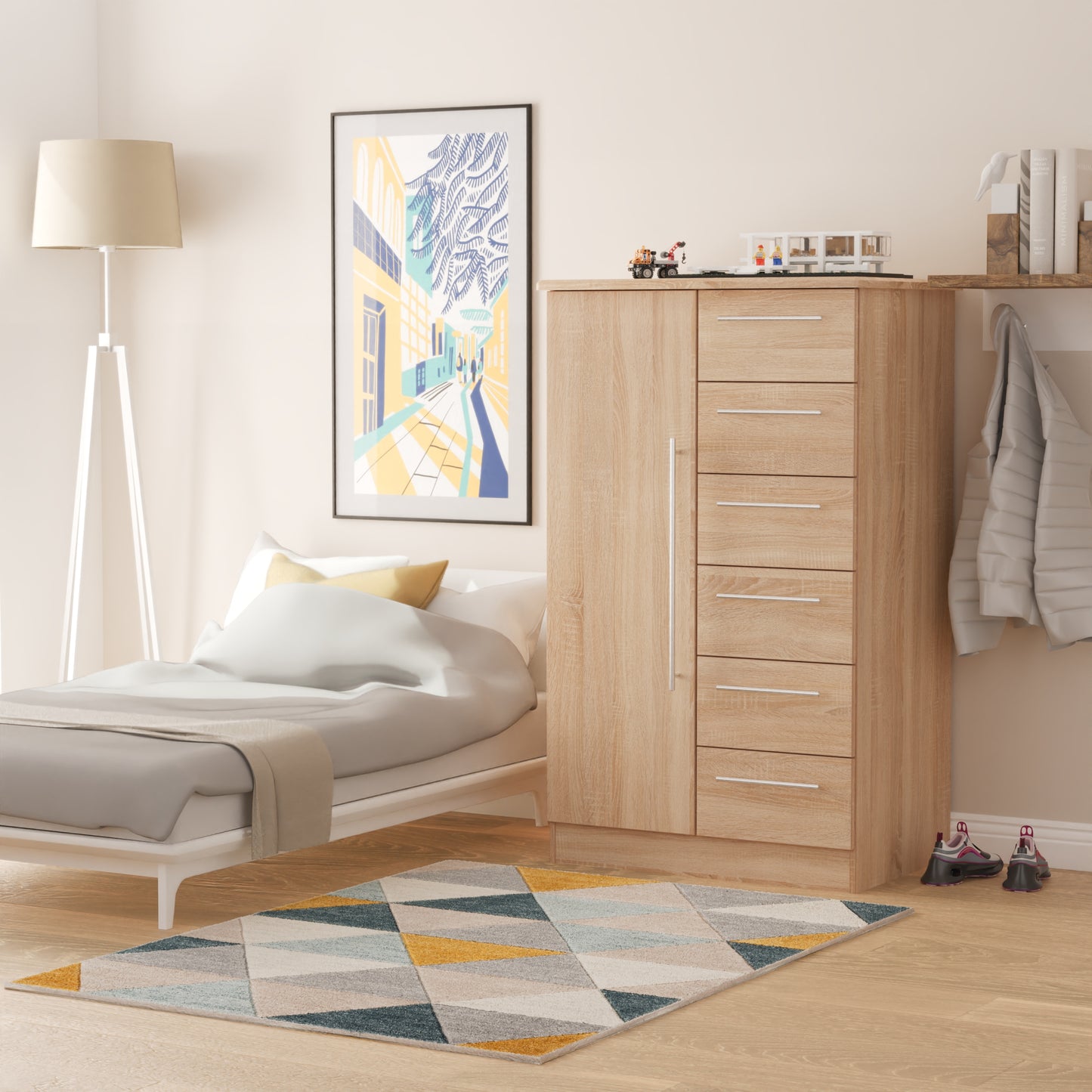 Sherwood Tall Wardrobe Light Oak 1 Door 5 Drawers 77cm