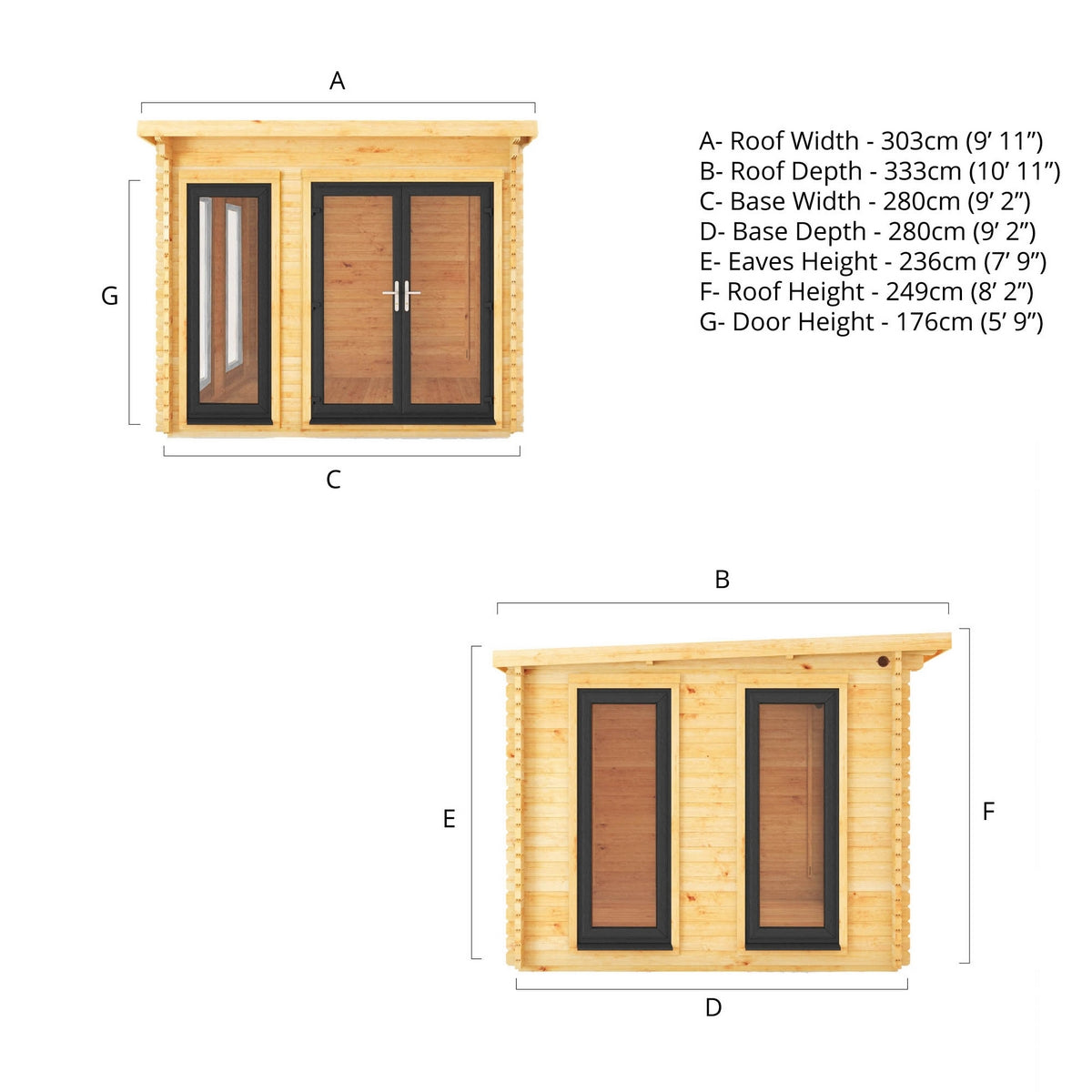 Mercia Studio 9' 11" x 9' 11" Pent Log Cabin - Premium 44mm Cladding Loglap - Grey UPVC