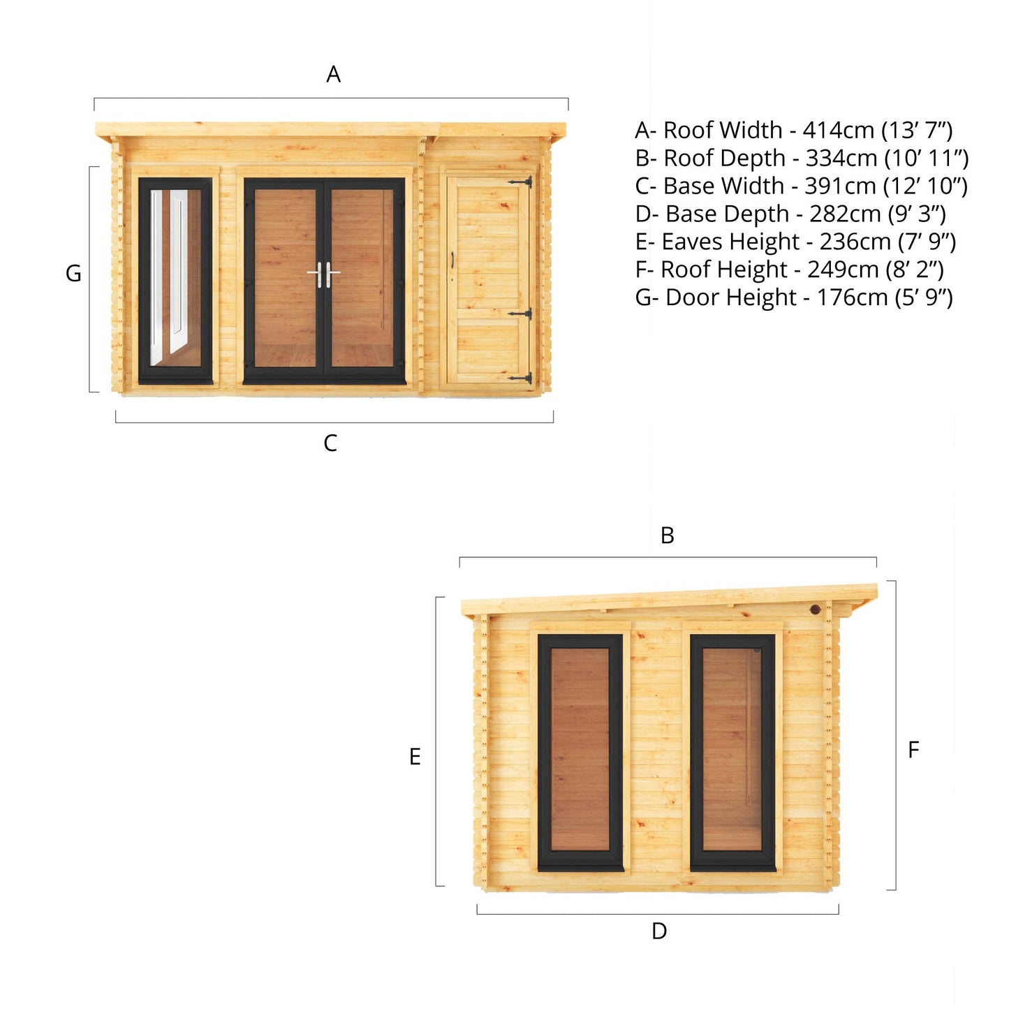 Mercia Studio 10' 11" x 13' 6" Pent Cabin with Shed - Premium 44mm Cladding Loglap - Grey UPVC