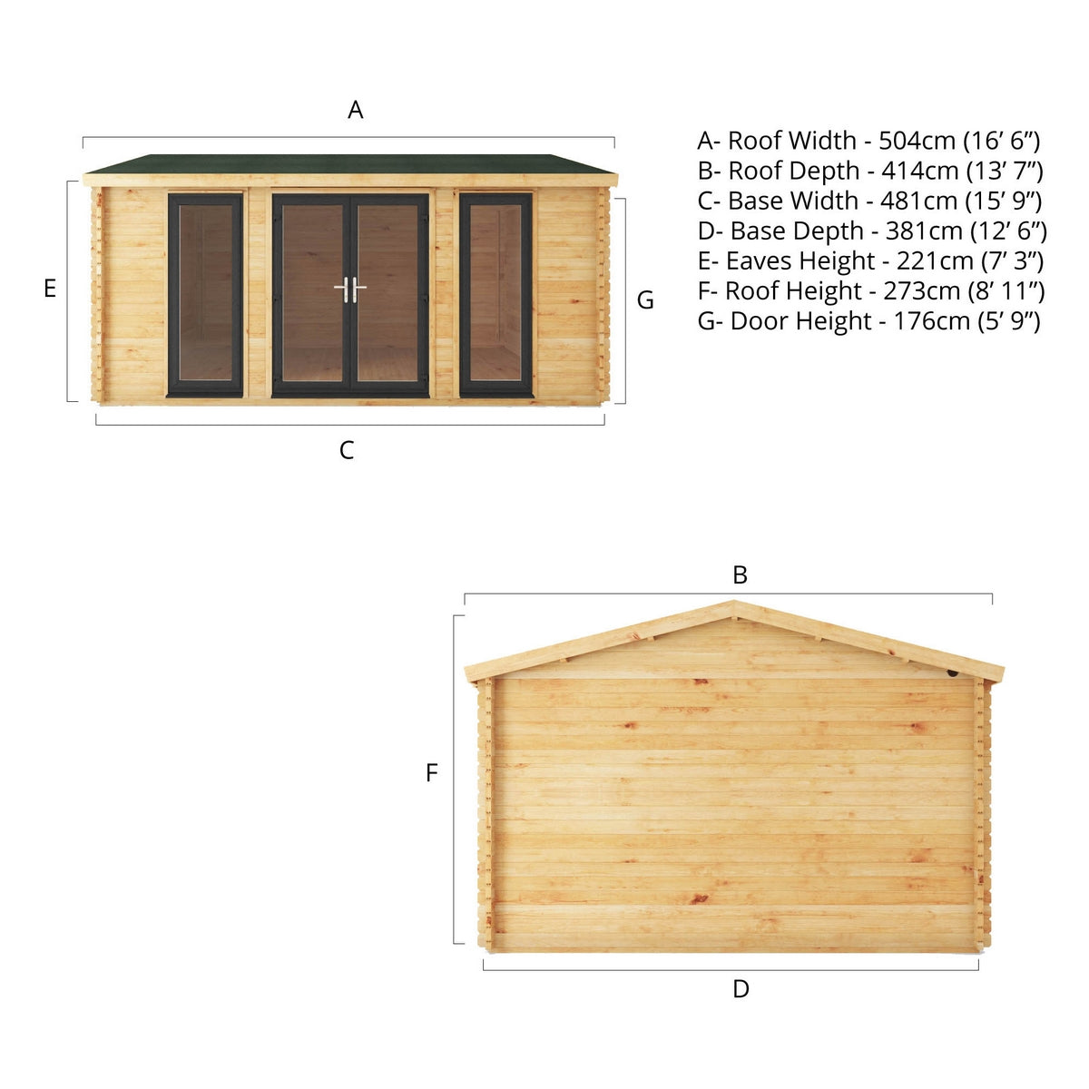 Mercia Studio 13' 7" x 16' 6" Apex Log Cabin - Premium 44mm Cladding Loglap - Grey UPVC