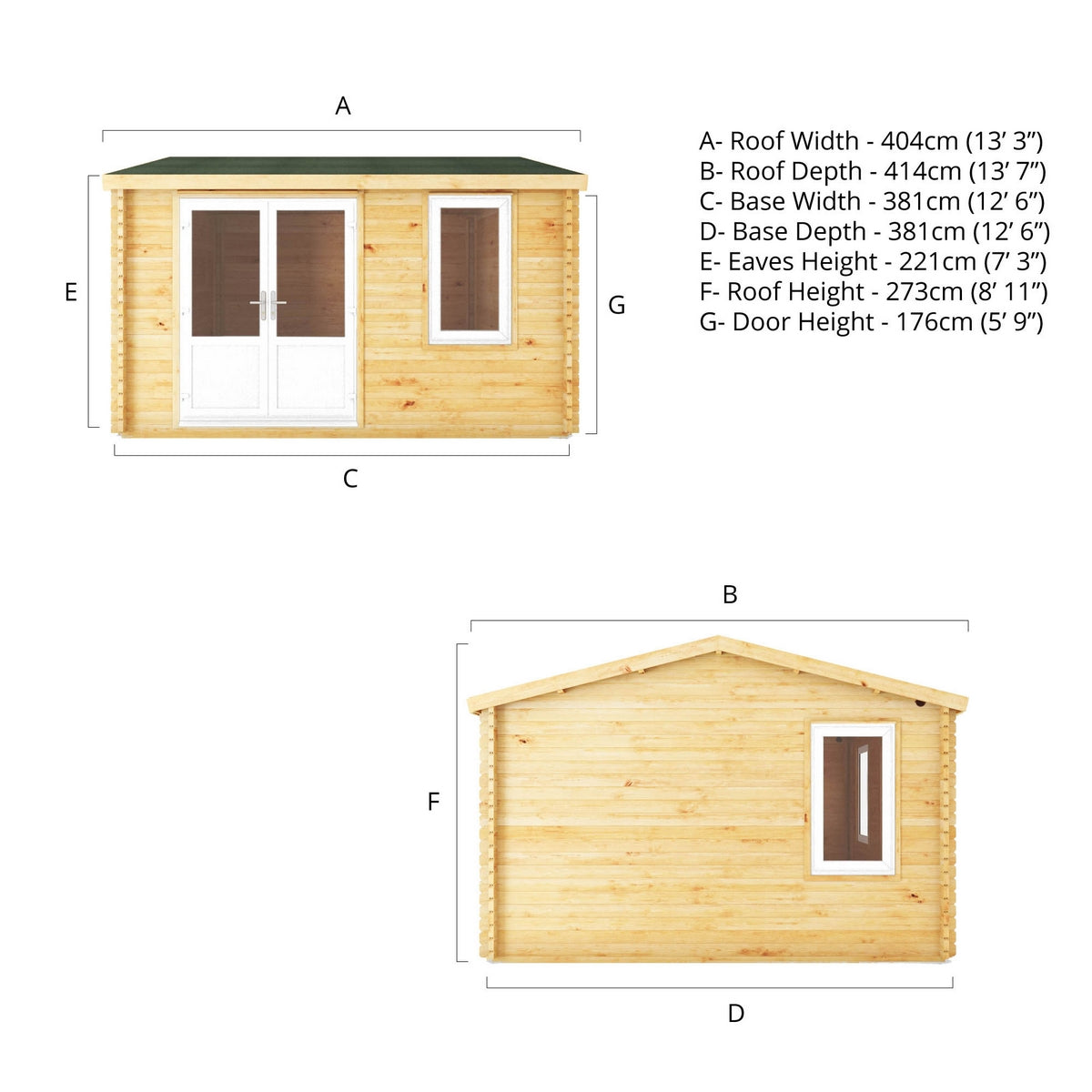 Mercia Elite 13' 6" x 13' 2" Apex Log Cabin - Premium 44mm Cladding Loglap - White UPVC