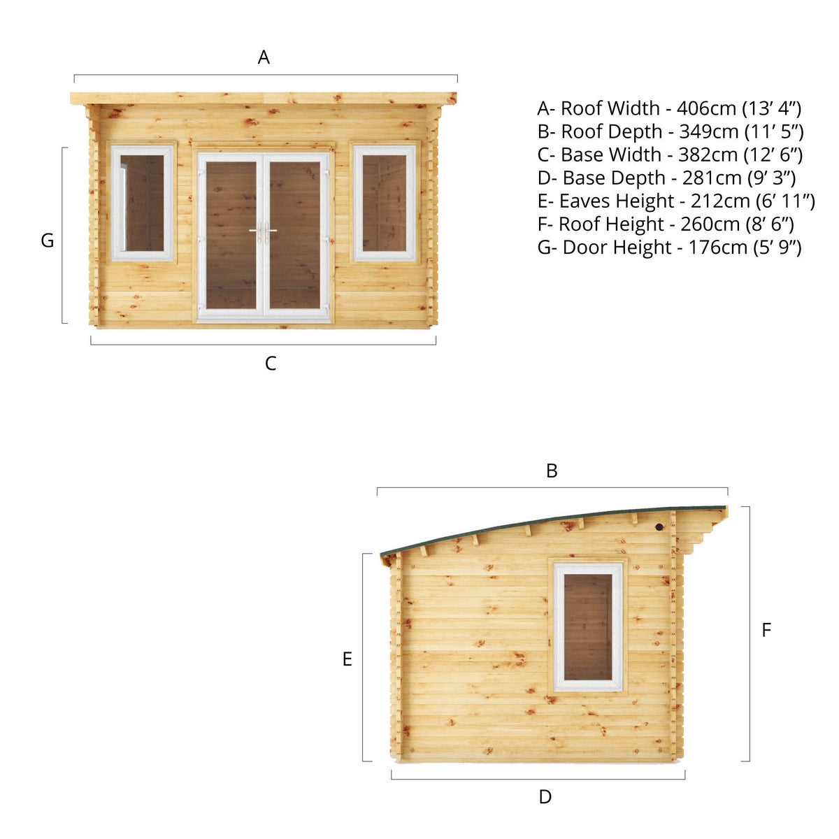 Mercia Helios 11' 5" x 13' 4" Curved Log Cabin - Premium 44mm Cladding Loglap - White UPVC