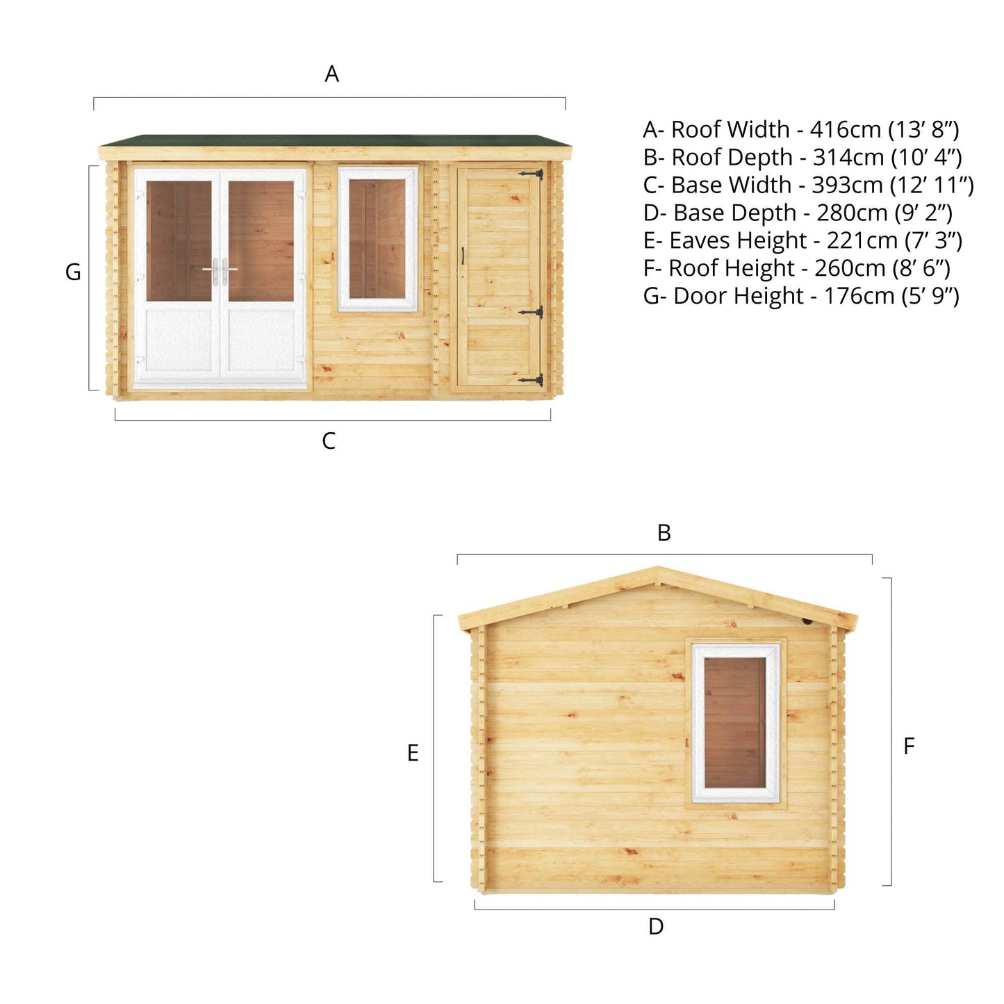 Mercia Elite 10' 3" x 13' 7" Apex Log Cabin - Premium 44mm Cladding Loglap - White UPVC