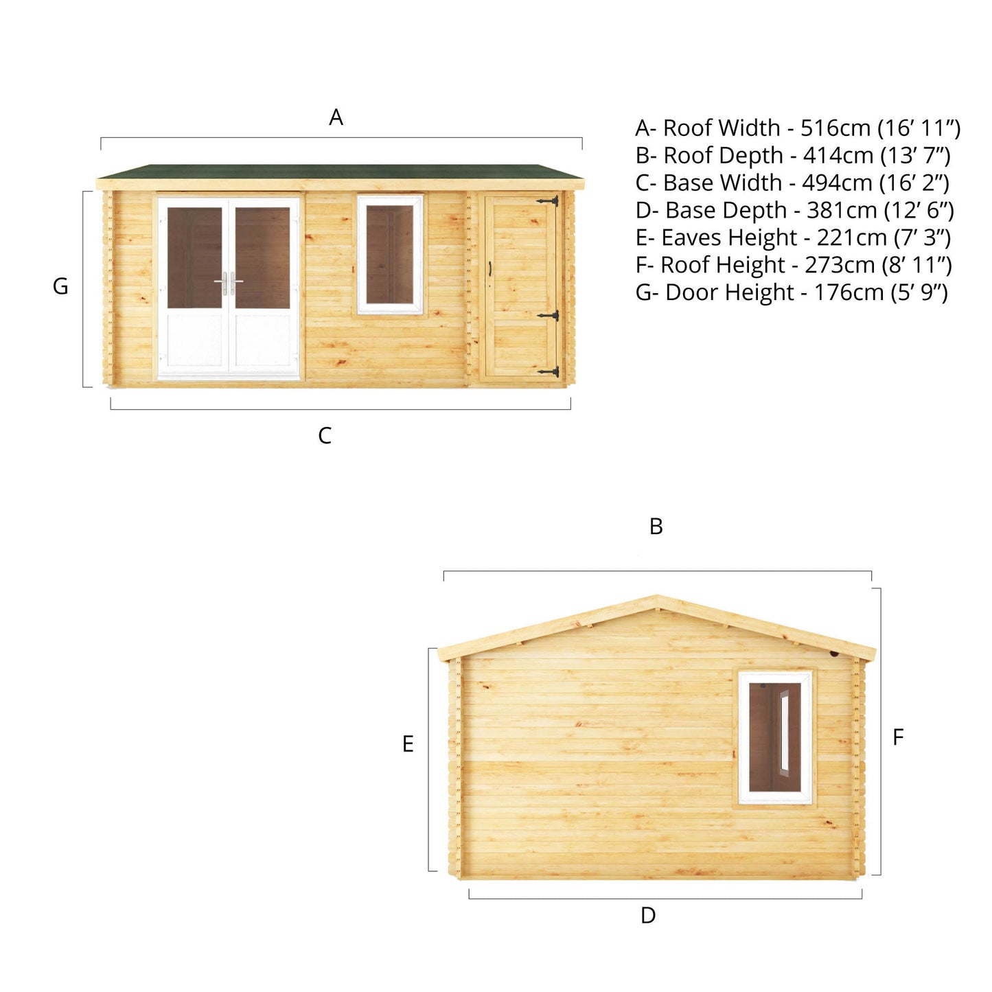 Mercia Elite 13' 6" x 16' 11" Apex Log Cabin - Premium 44mm Cladding Loglap - White UPVC