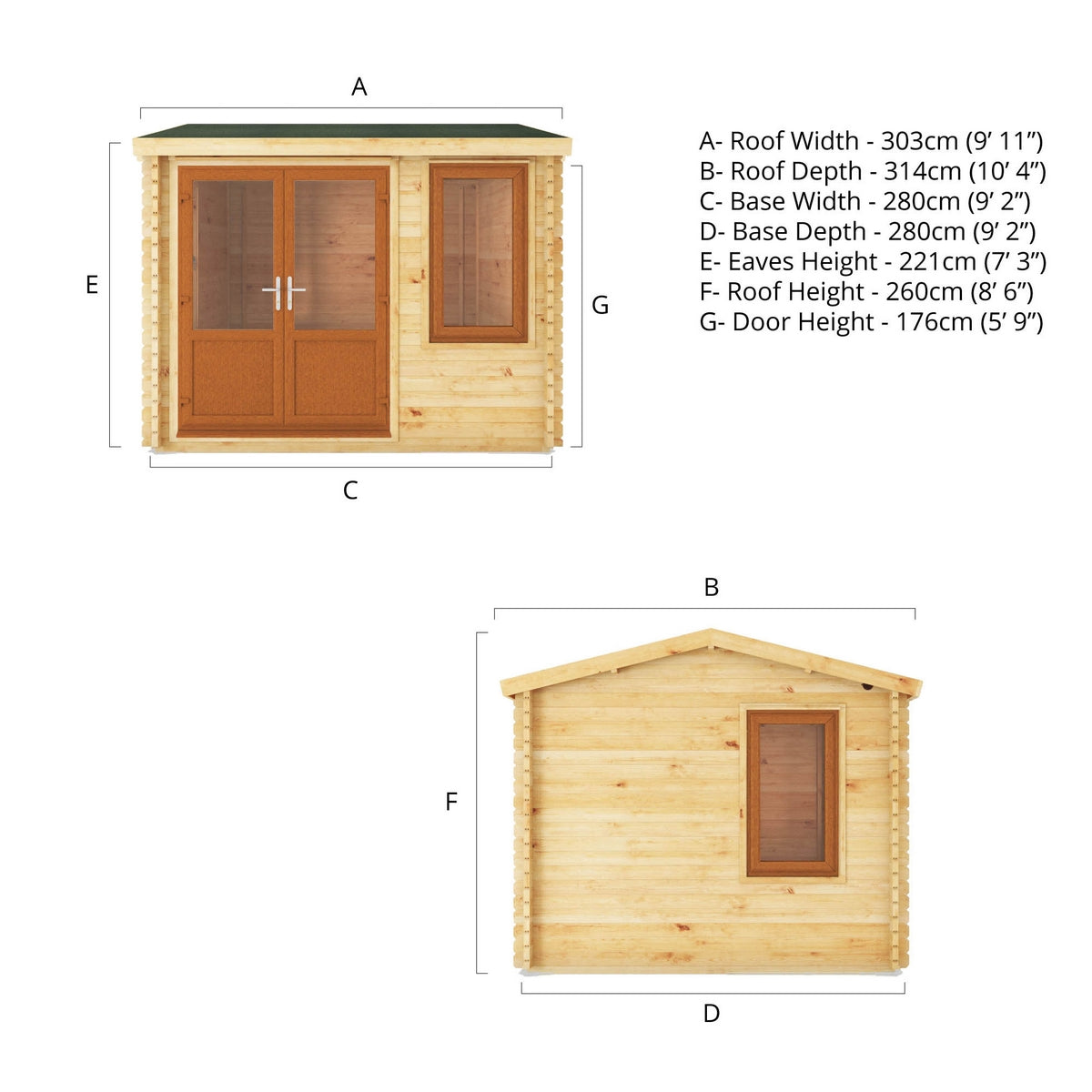 Mercia Elite 10' 3" x 9' 11" Reverse Apex Log Cabin - Premium 44mm Cladding Loglap - Brown UPVC