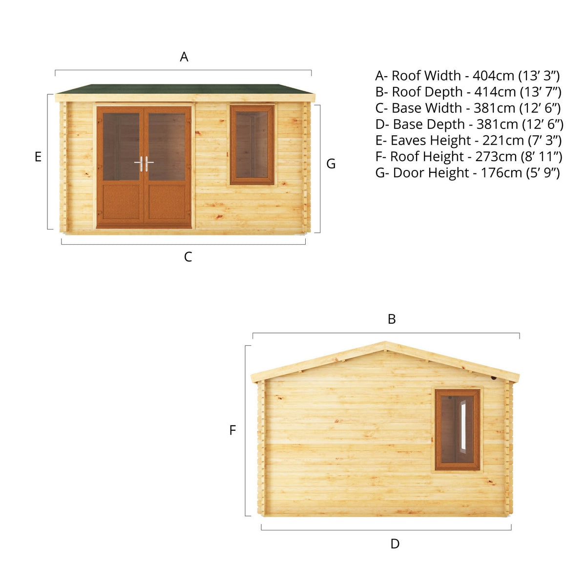 Mercia Elite 13' 6" x 13' 2" Apex Log Cabin - Premium 44mm Cladding Loglap - Brown UPVC