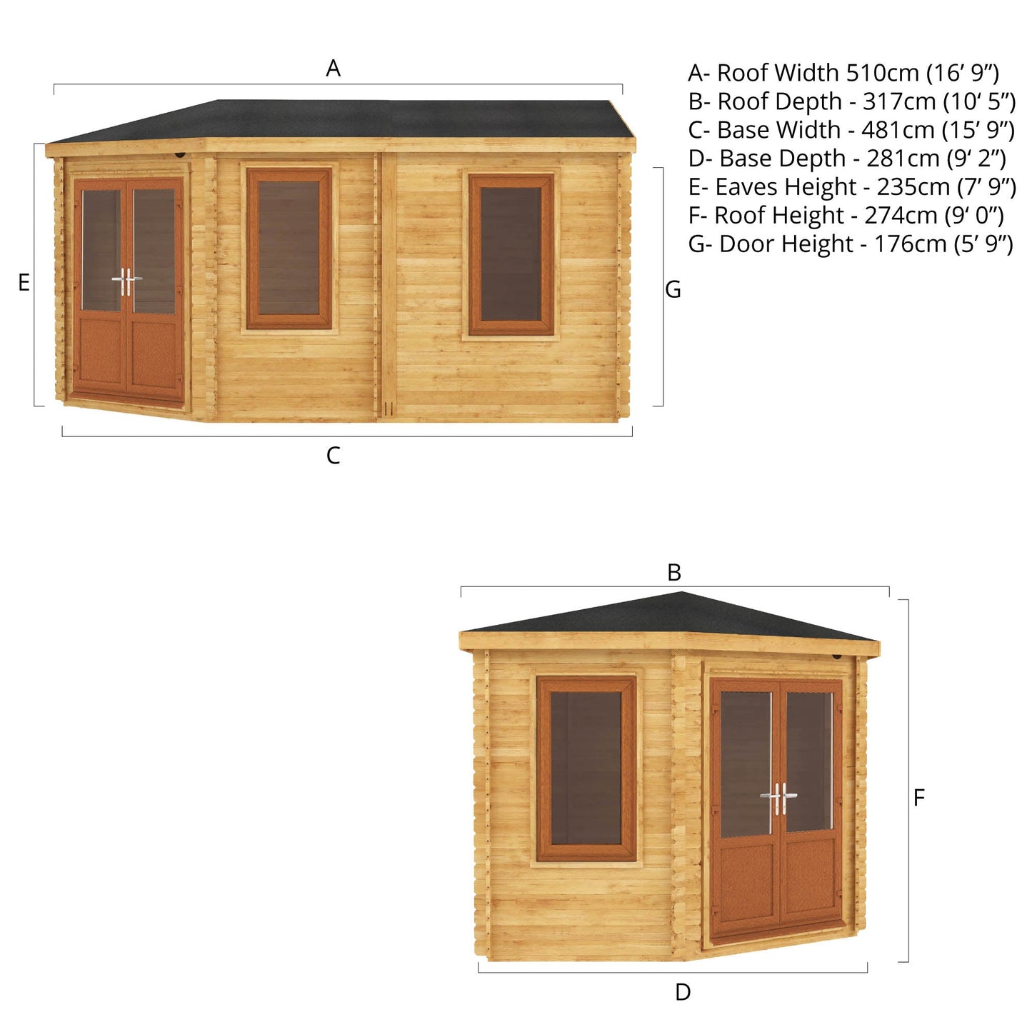 Mercia Corner 10' 4" x 16' 8" Hip Log Cabin - Premium 44mm Cladding Loglap - Brown UPVC