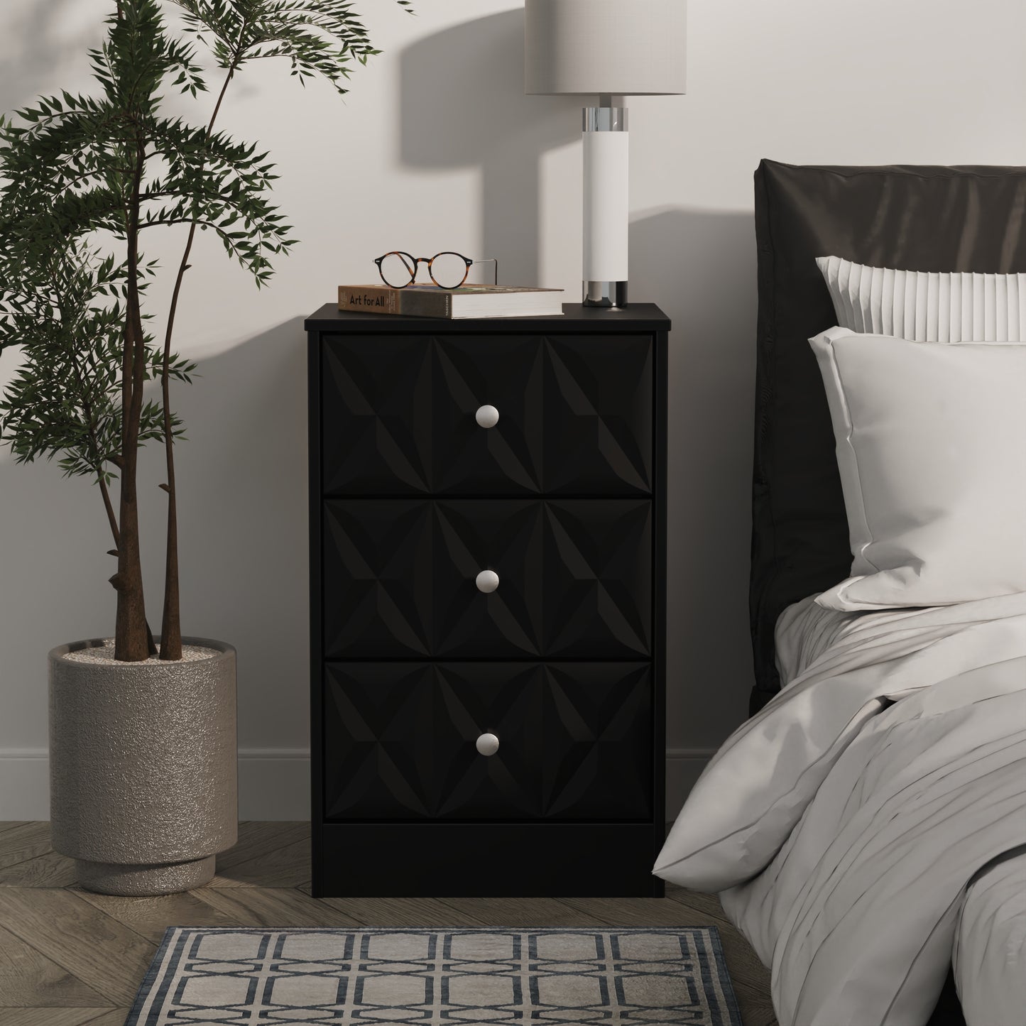 San Jose Bedside Table Black 3 Drawers 45cm