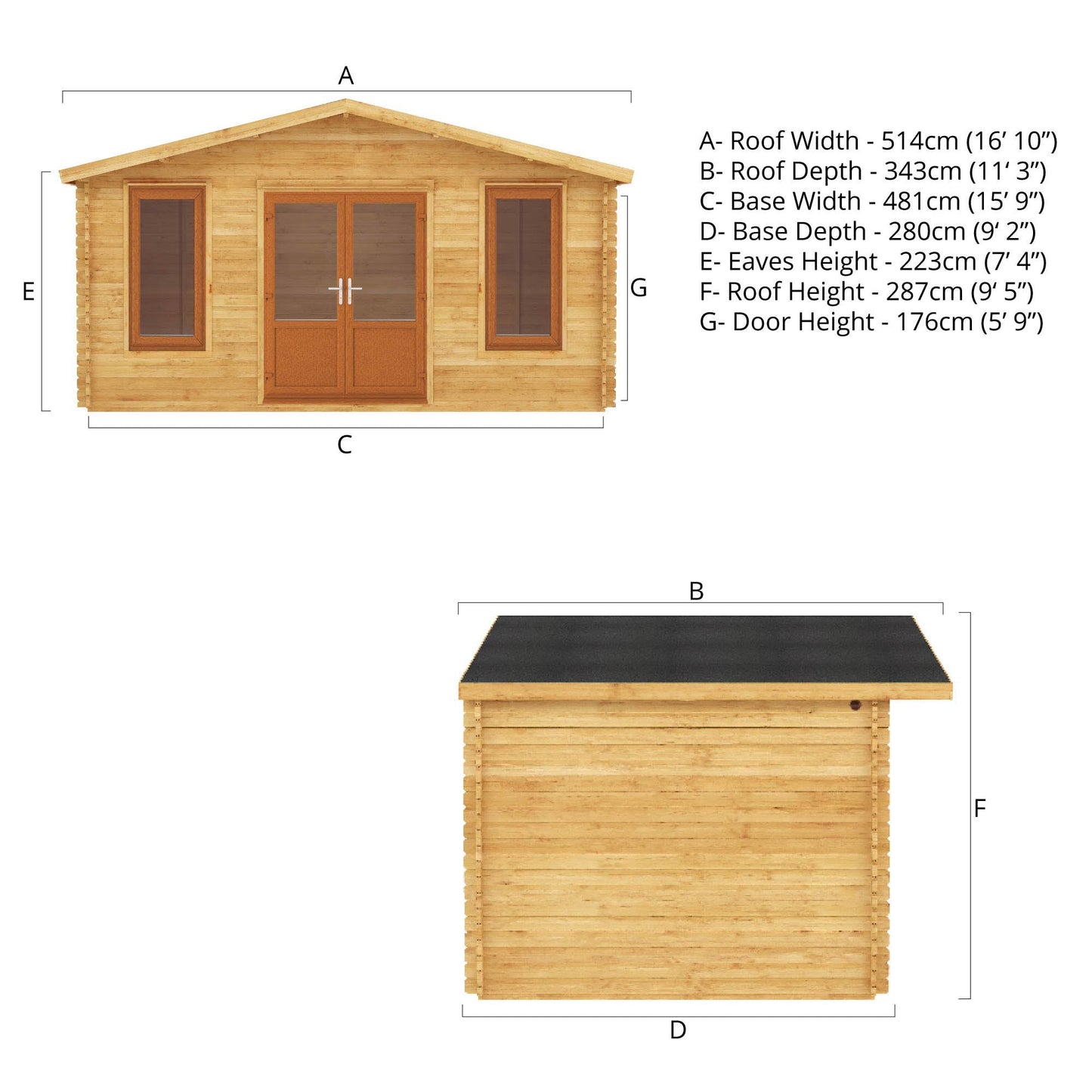 Mercia Retreat 11' 3" x 16' 10" Apex Log Cabin - Premium 44mm Cladding Loglap - Brown UPVC