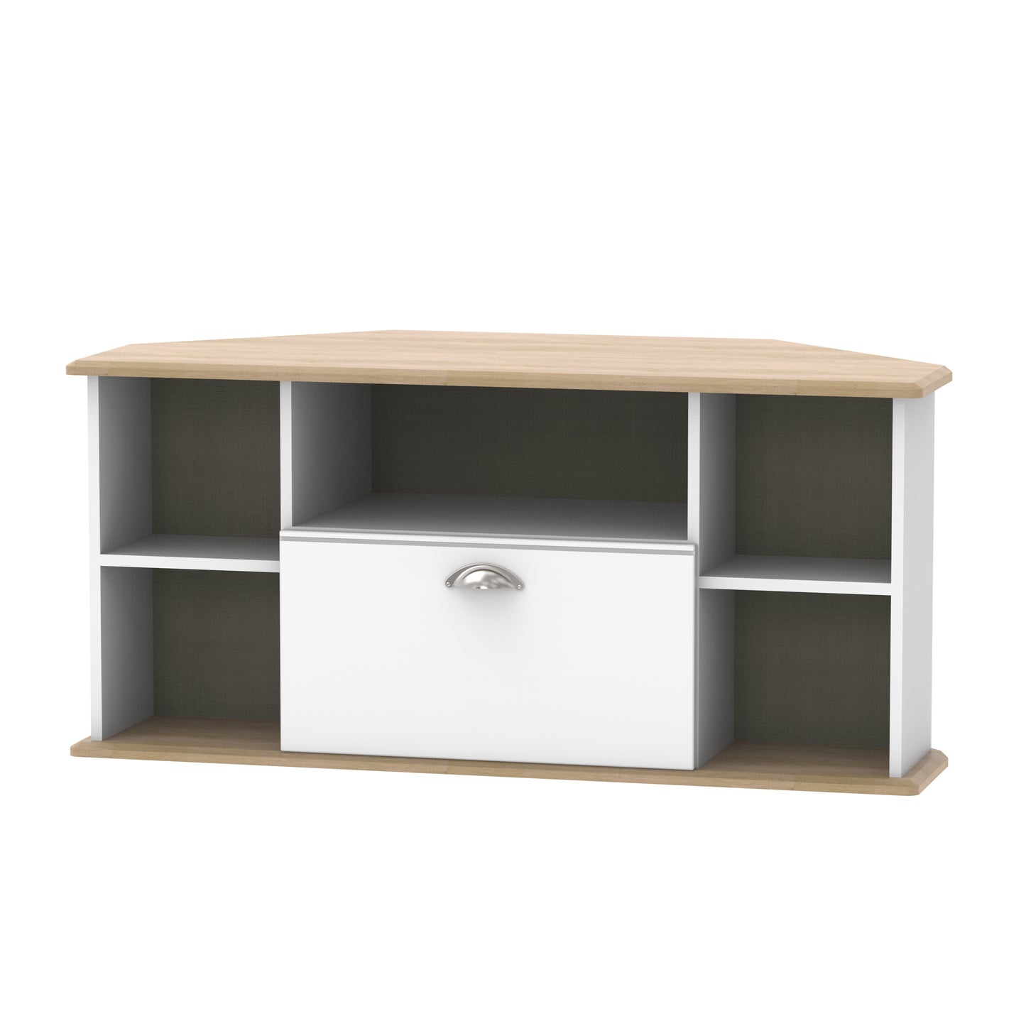 Victoria Corner Corner TV Unit White & Light Oak 5 Shelves 1 Drawer 112cm