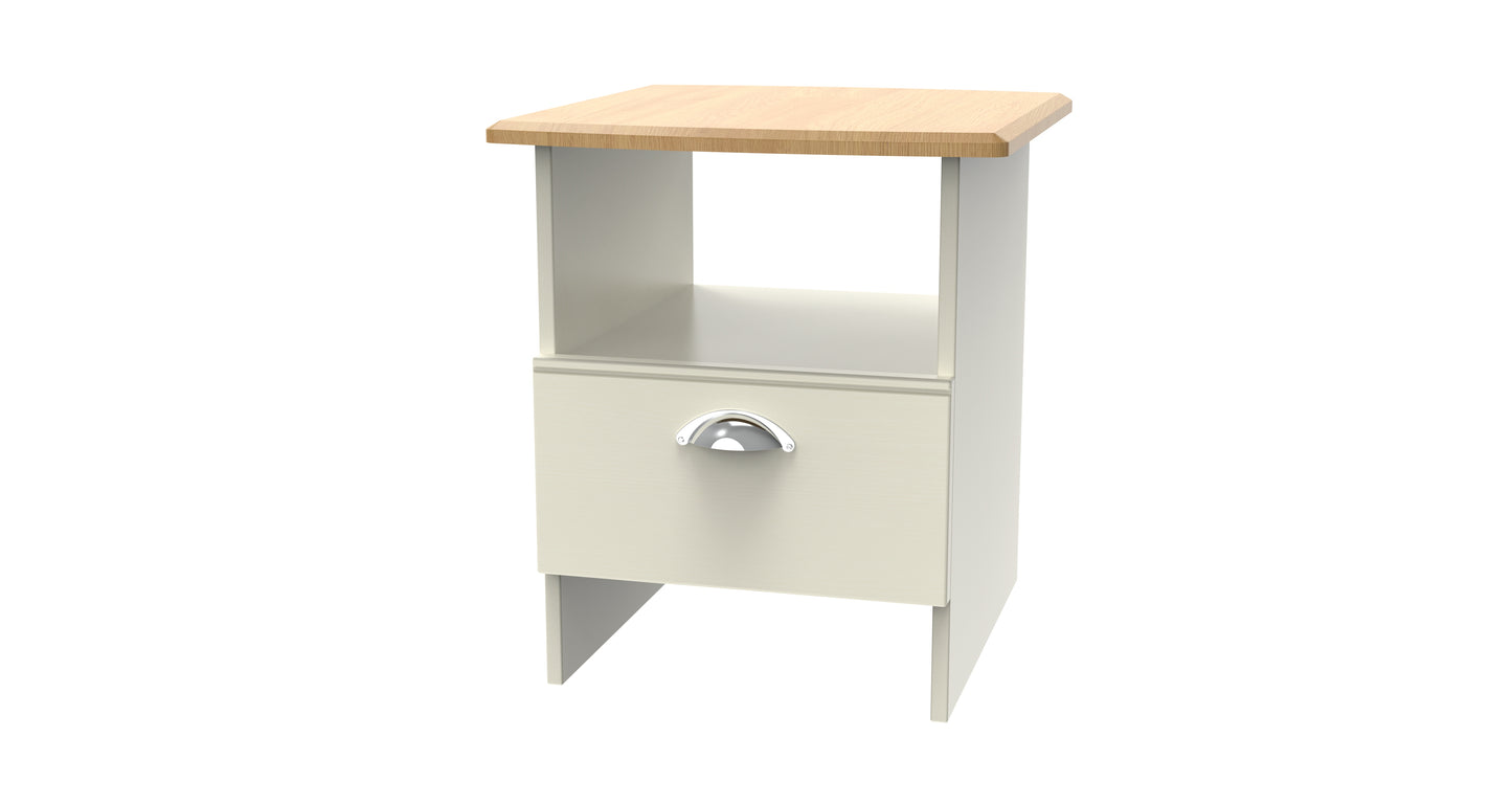 Victoria Side Table Cream & Light Oak 1 Shelf 1 Drawer 44cm