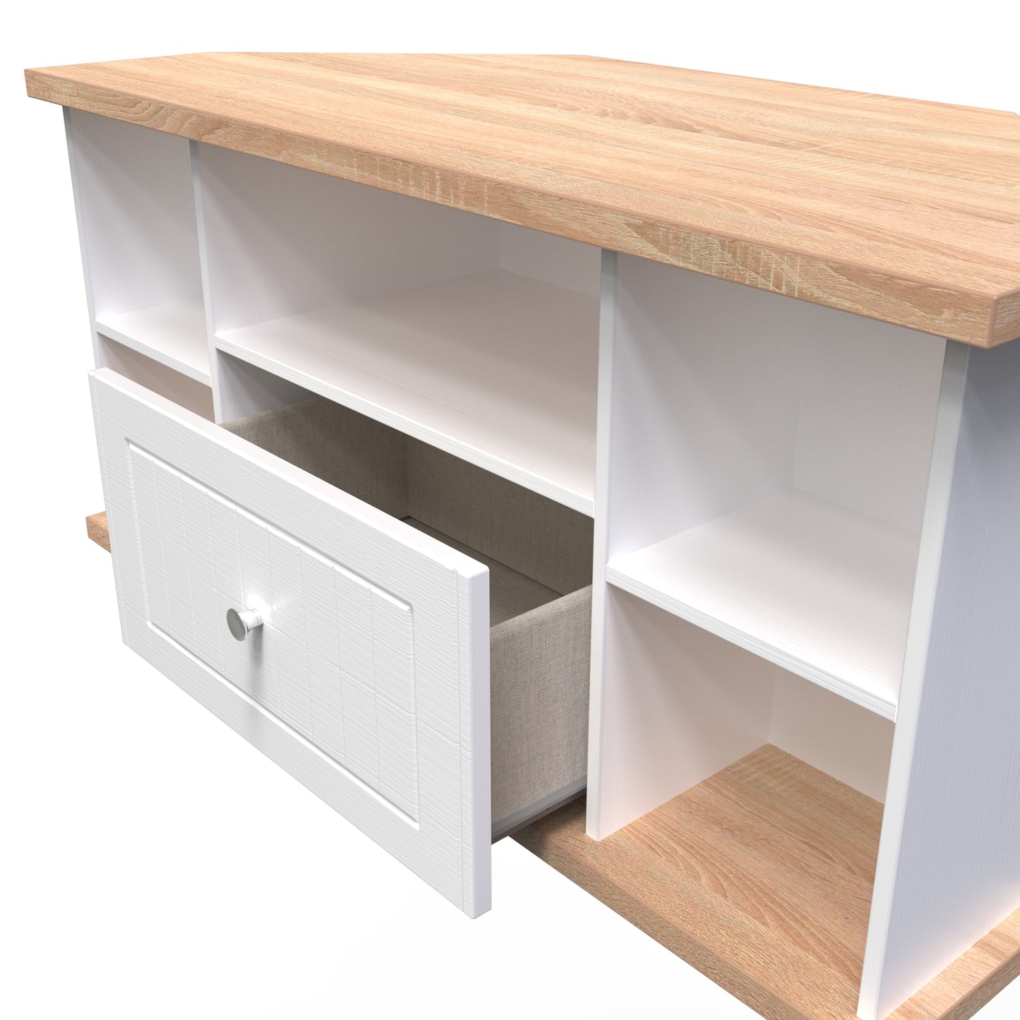 Vienna Corner Corner TV Unit White & Light Oak 5 Shelves 1 Drawer 110cm