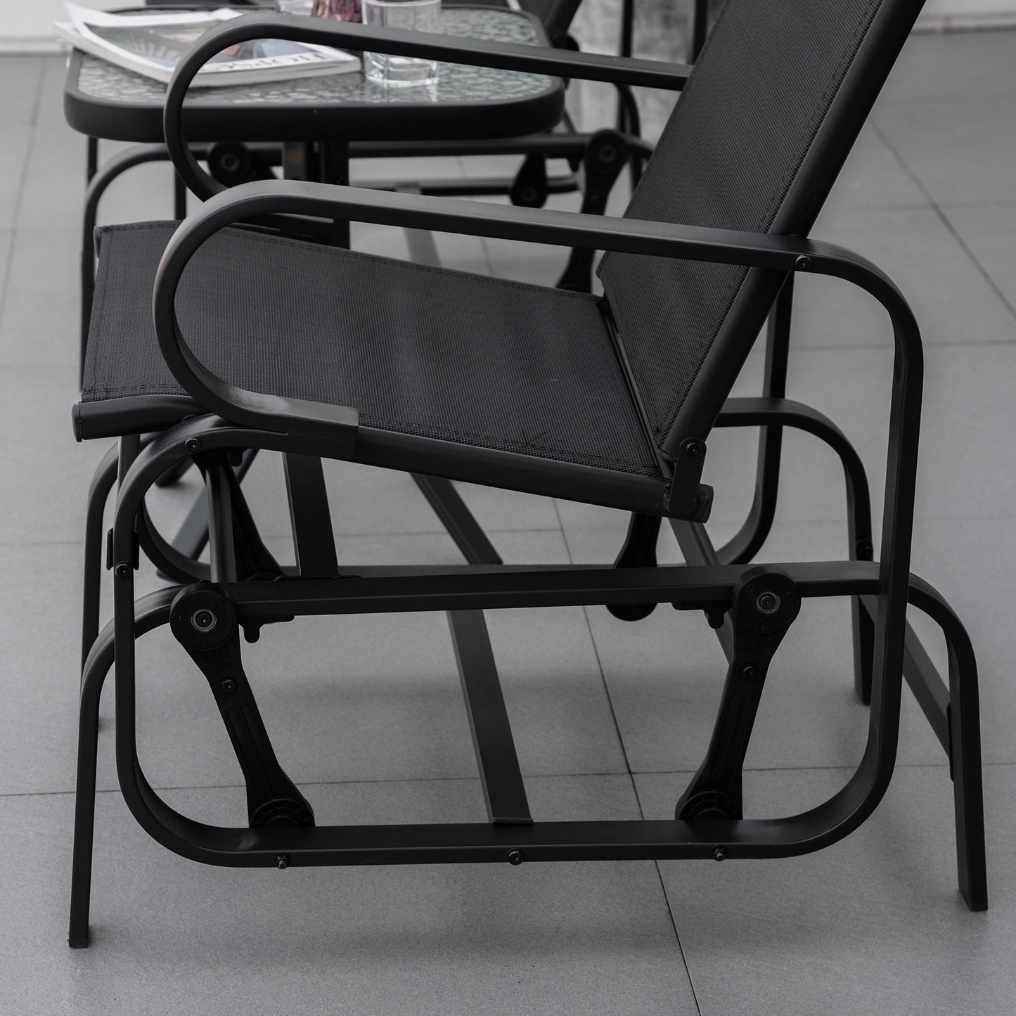 3-Piece Metal Outdoor Gliding Rocking Chair With Tea Table Patio Garden Comfortable Swing Chair Black
