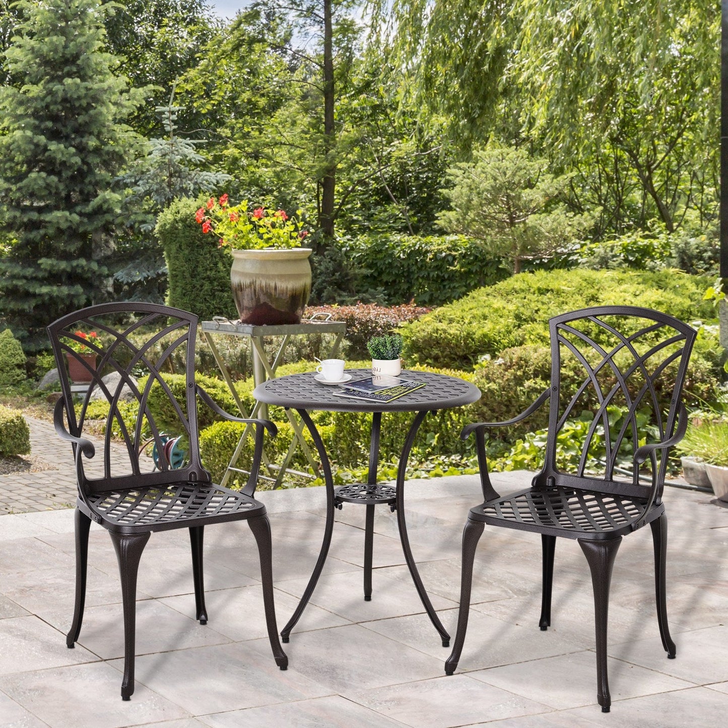 Patio Cast Aluminium 3-Piece Bistro Set Coffee Table & 2 Chairs Set Outdoor Garden Furniture Set