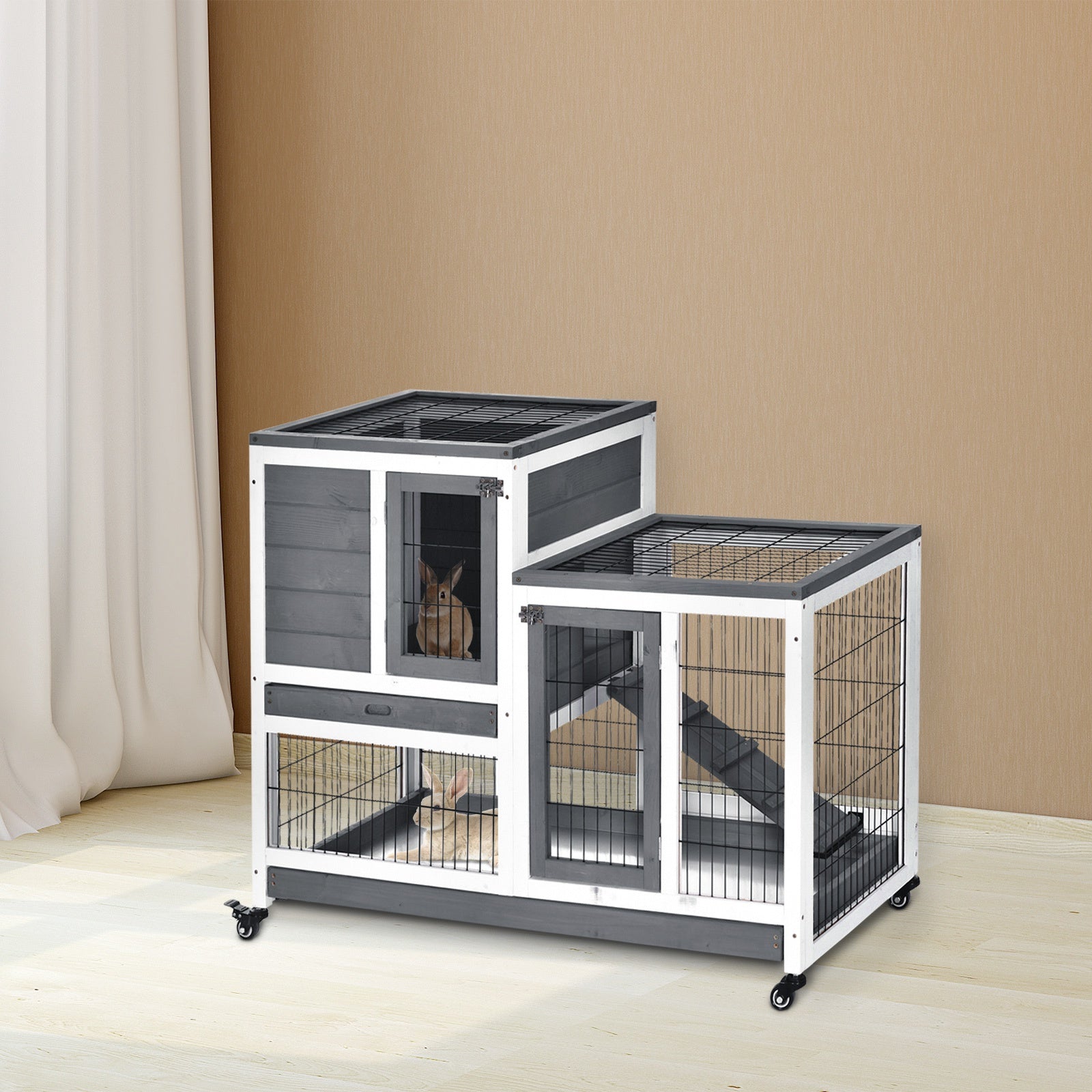PawHut Small Animals 2-Tier Fir Wood Rabbit Hutch Indoor Grey only