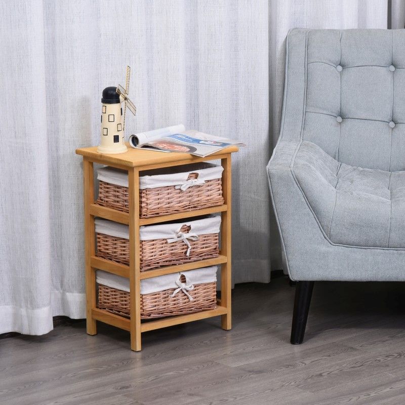 Homcom 3-Drawer Storage Wicker Basket Shelf Unit Wooden Frame Home Organisation Cabinet 58x40cm