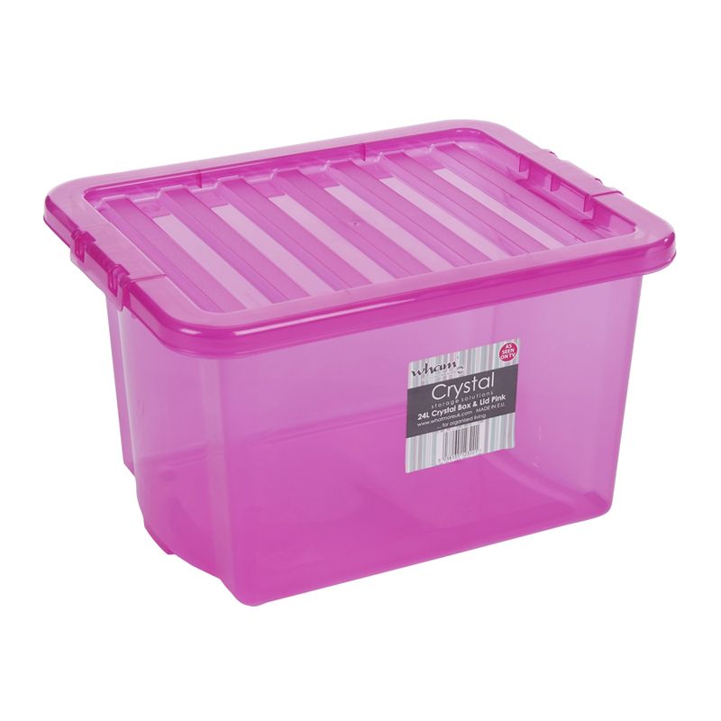 24L Wham Crystal Stacking Plastic Storage Pink Box & Clip Lid