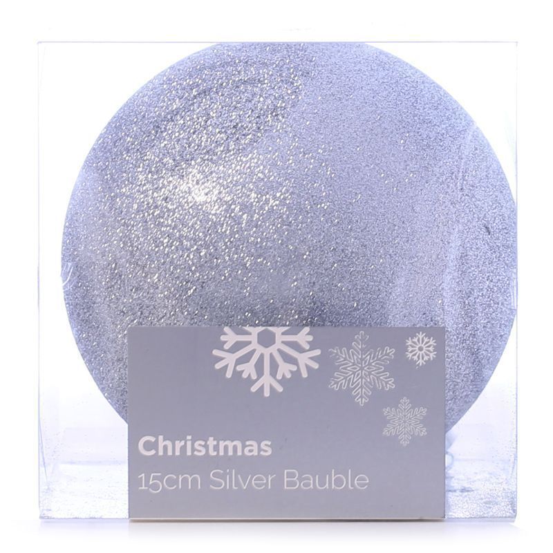 Festive Christmas Decoration Silver Plastic Ball - Glitter (15 cm)