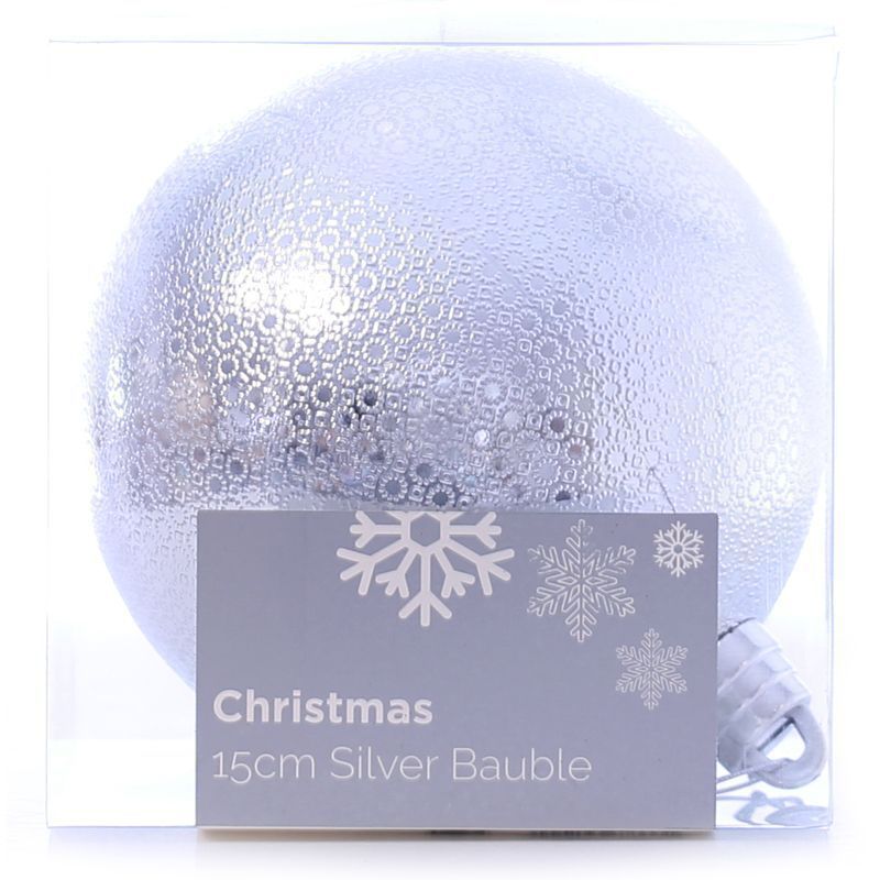 Festive Christmas Decoration Silver Plastic Ball - Pattern (15 cm)