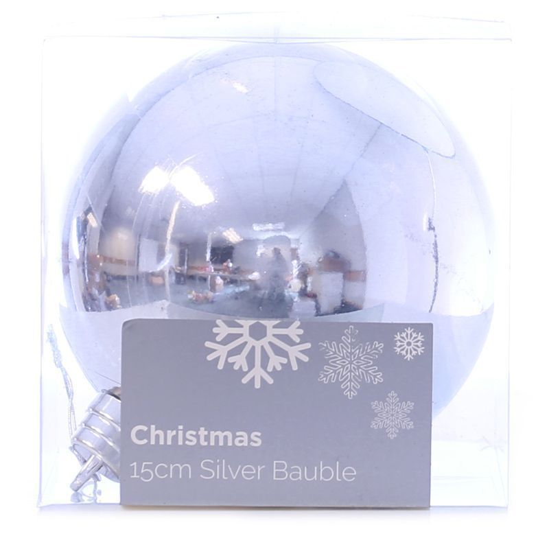 Festive Christmas Decoration Silver Plastic Ball - Plain (15 cm)