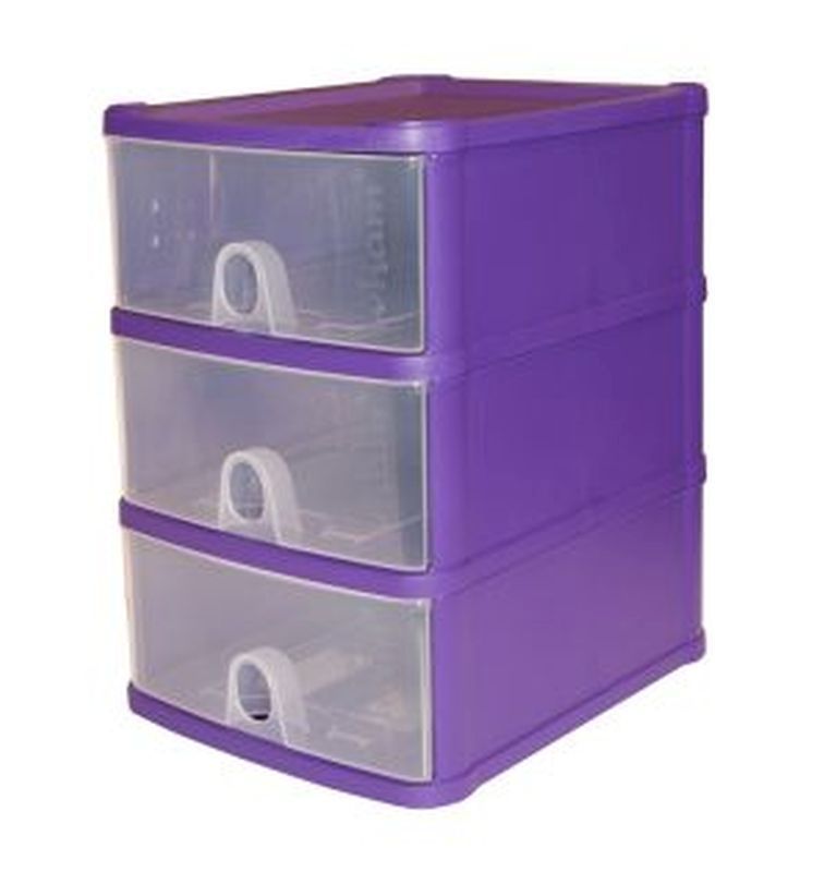 1.4L Premier 3 Drawer Plastic Storage Tower Clear & Purple
