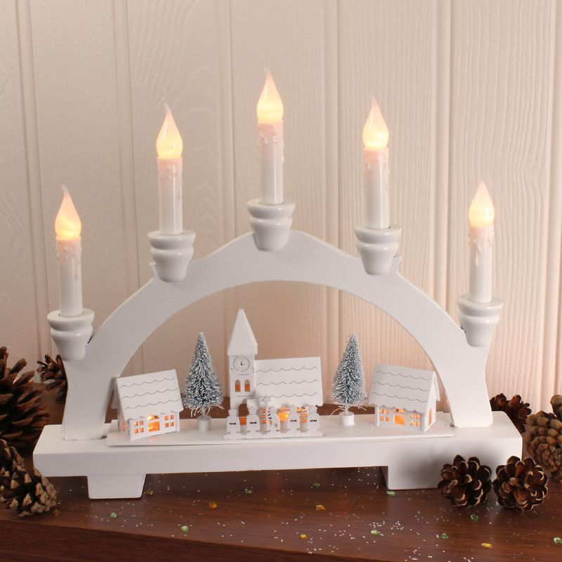 Wooden Bridge and Village with 8 LED Warm White Candle Lights
