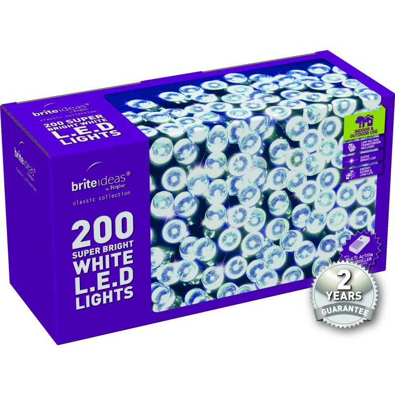 200 Bright White LED Christmas lights with a 2 year Guarantee