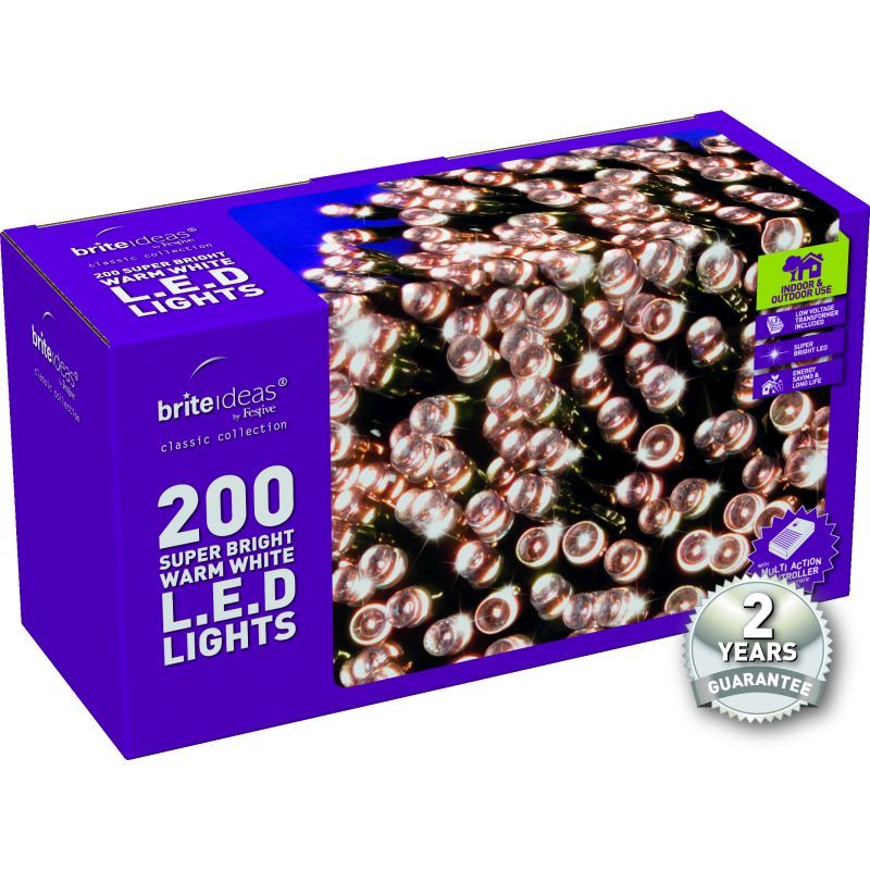 200 Warm White LED Christmas lights with a 2 year Guarantee