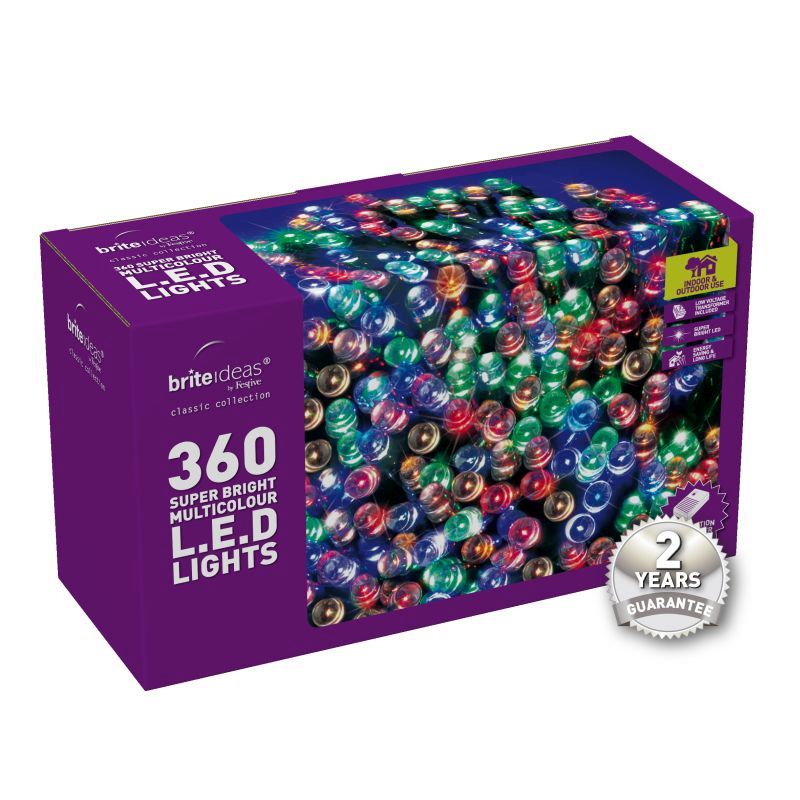 360 Multicolour LED Christmas lights with a 2 year Guarantee.