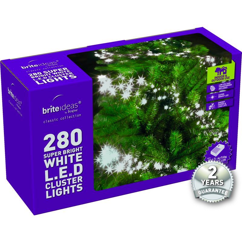 280 Cluster Bright White LED Christmas lights with a 2 year Guarantee.