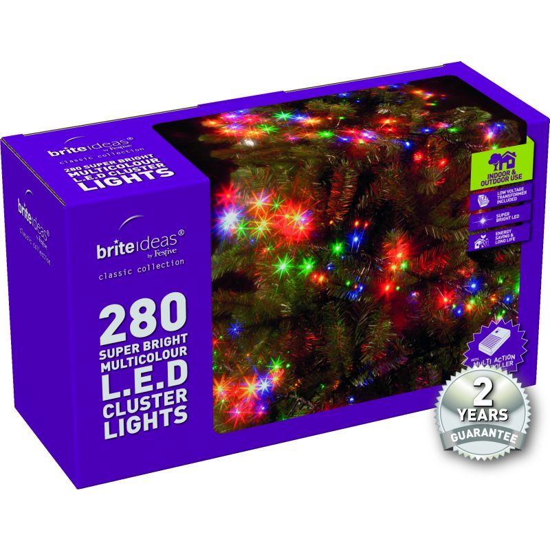 280 Cluster Multicolour LED Christmas lights with a 2 year Guarantee.