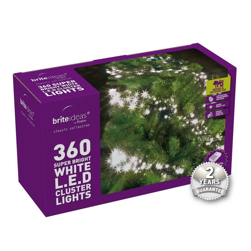 360 Cluster Bright White LED Christmas lights with a 2 year Guarantee.