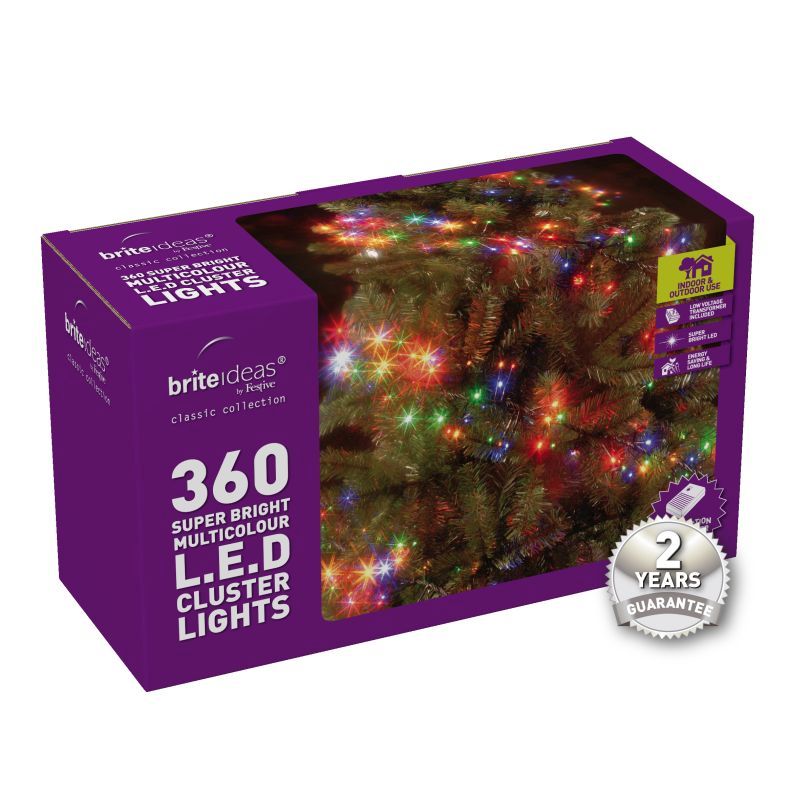 360 Cluster Multicolour LED Christmas lights with a 2 year Guarantee.