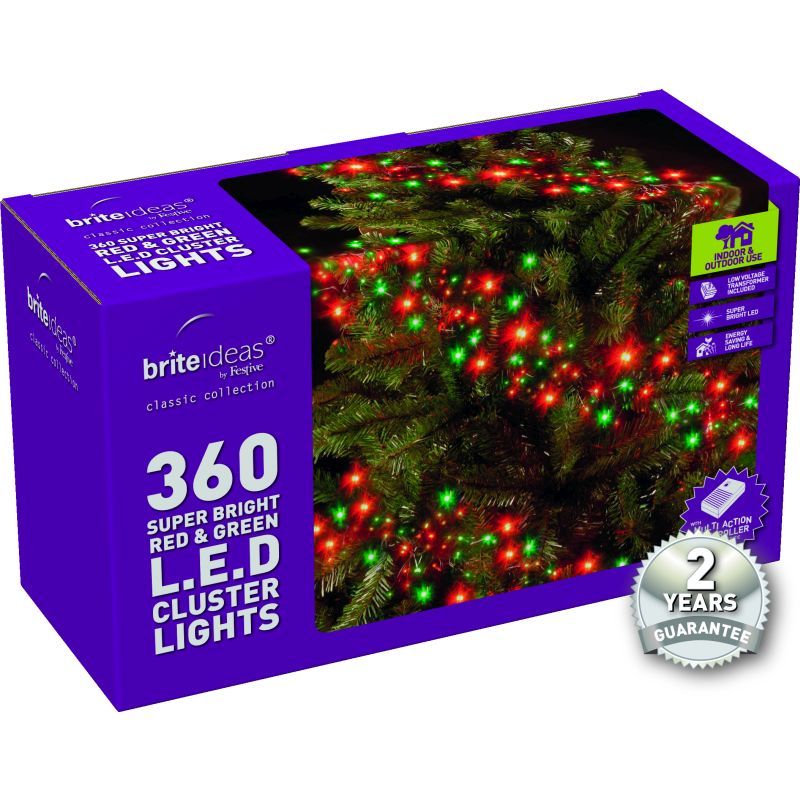 360 Cluster Red/Green LED Christmas lights with a 2 year Guarantee.