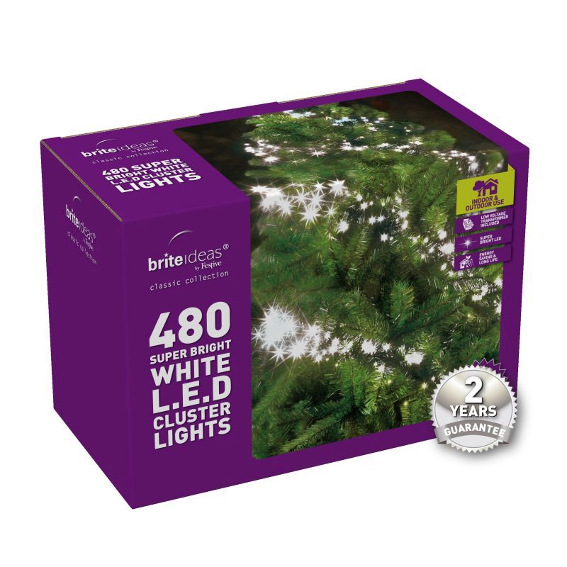 480 Cluster Bright White LED Christmas lights with a 2 year Guarantee.