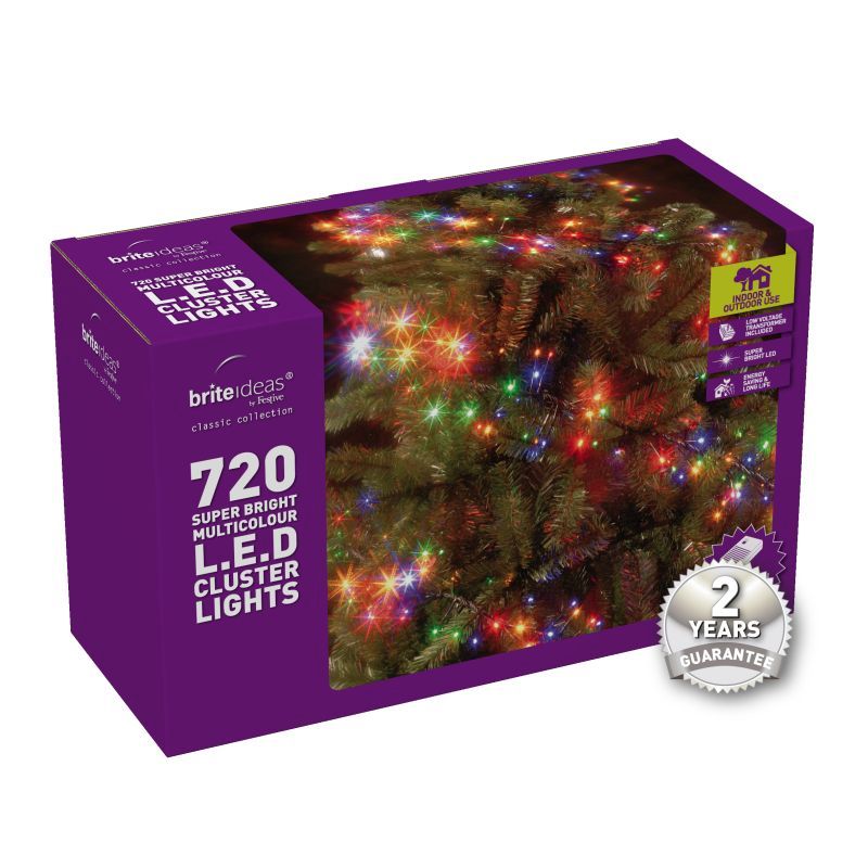 720 Cluster Multicolour LED Christmas lights with a 2 year Guarantee.