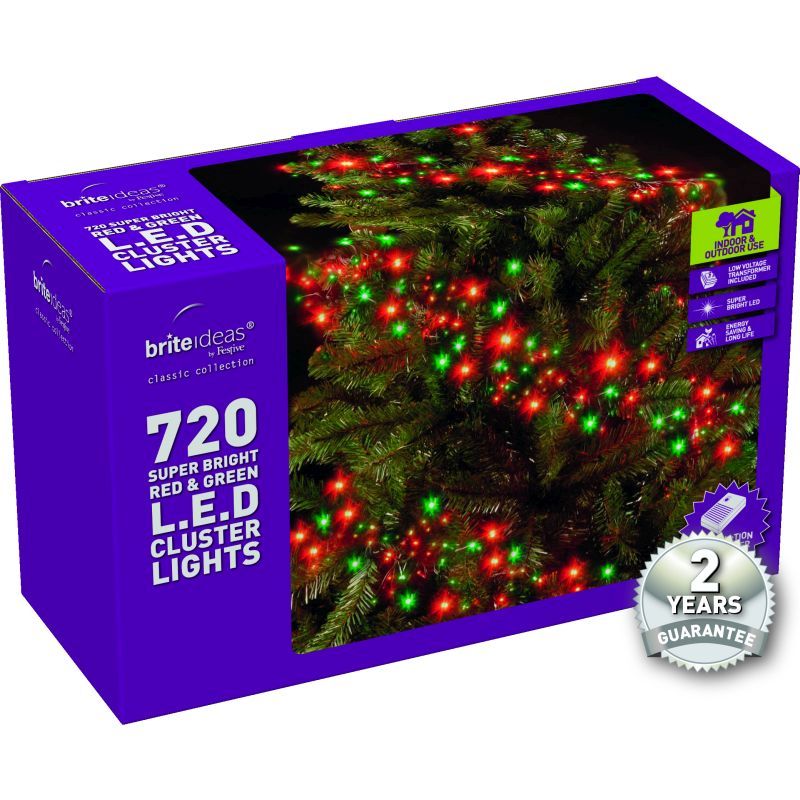 720 Cluster Red/Green LED Christmas lights with a 2 year Guarantee.