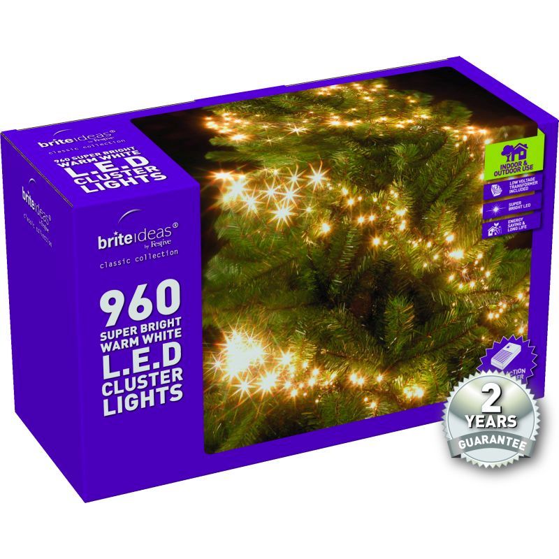 960 Cluster Warm White LED Christmas lights with a 2 year Guarantee.