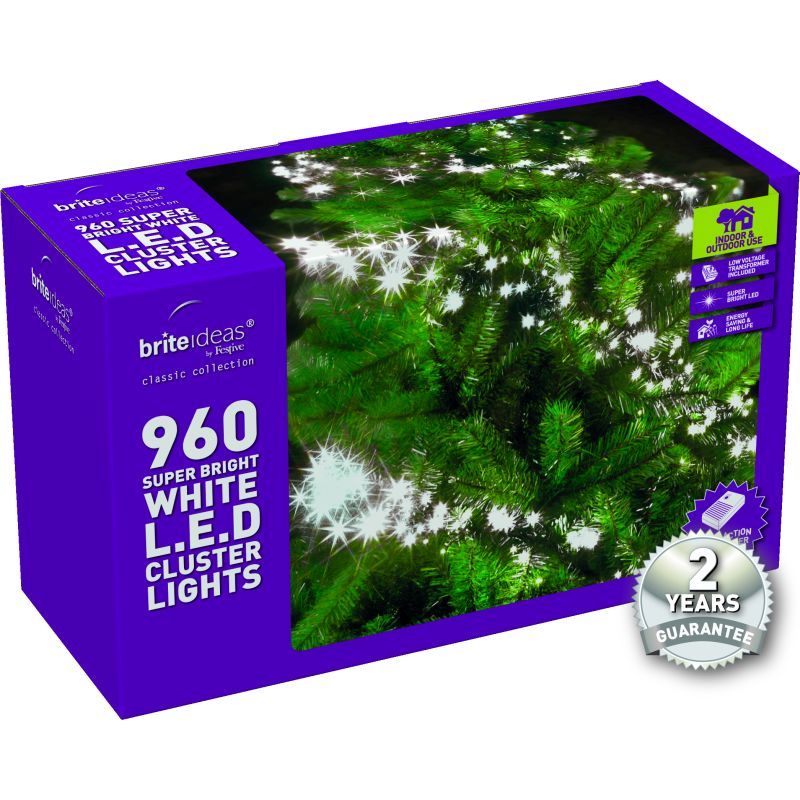 960 Cluster Bright White LED Christmas lights with a 2 year Guarantee.