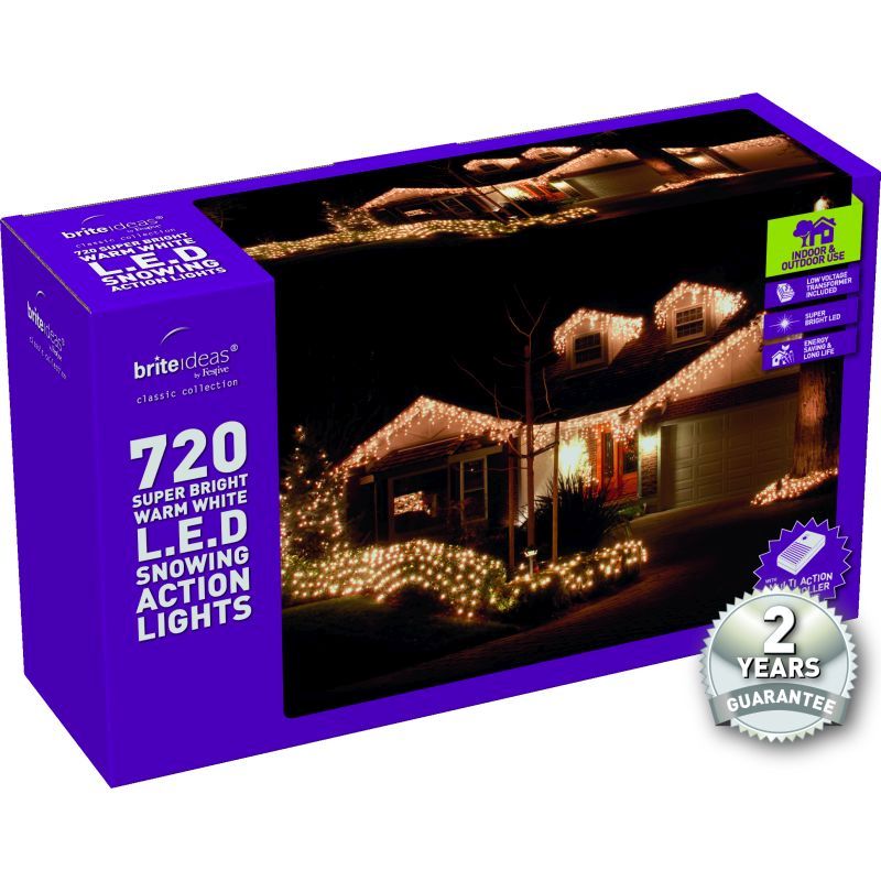 720 Snowing Icicle Warm White LED Christmas lights with a 2 year Guara