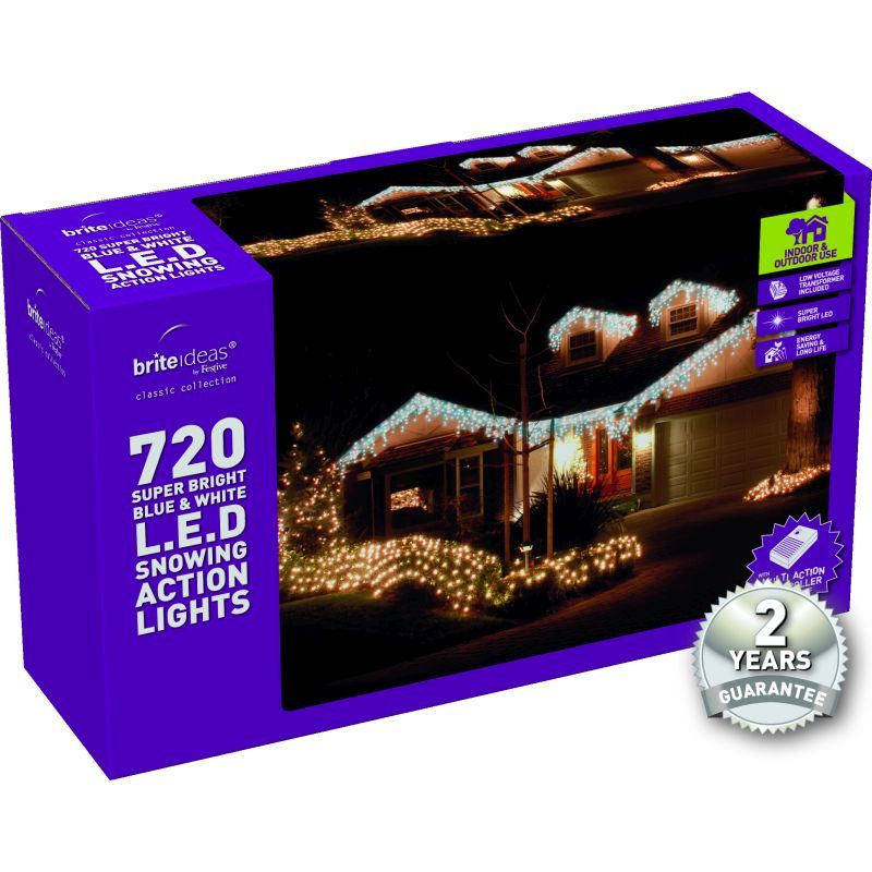 720 Snowing Icicle Blue/Bright White LED Christmas lights with a 2 yea